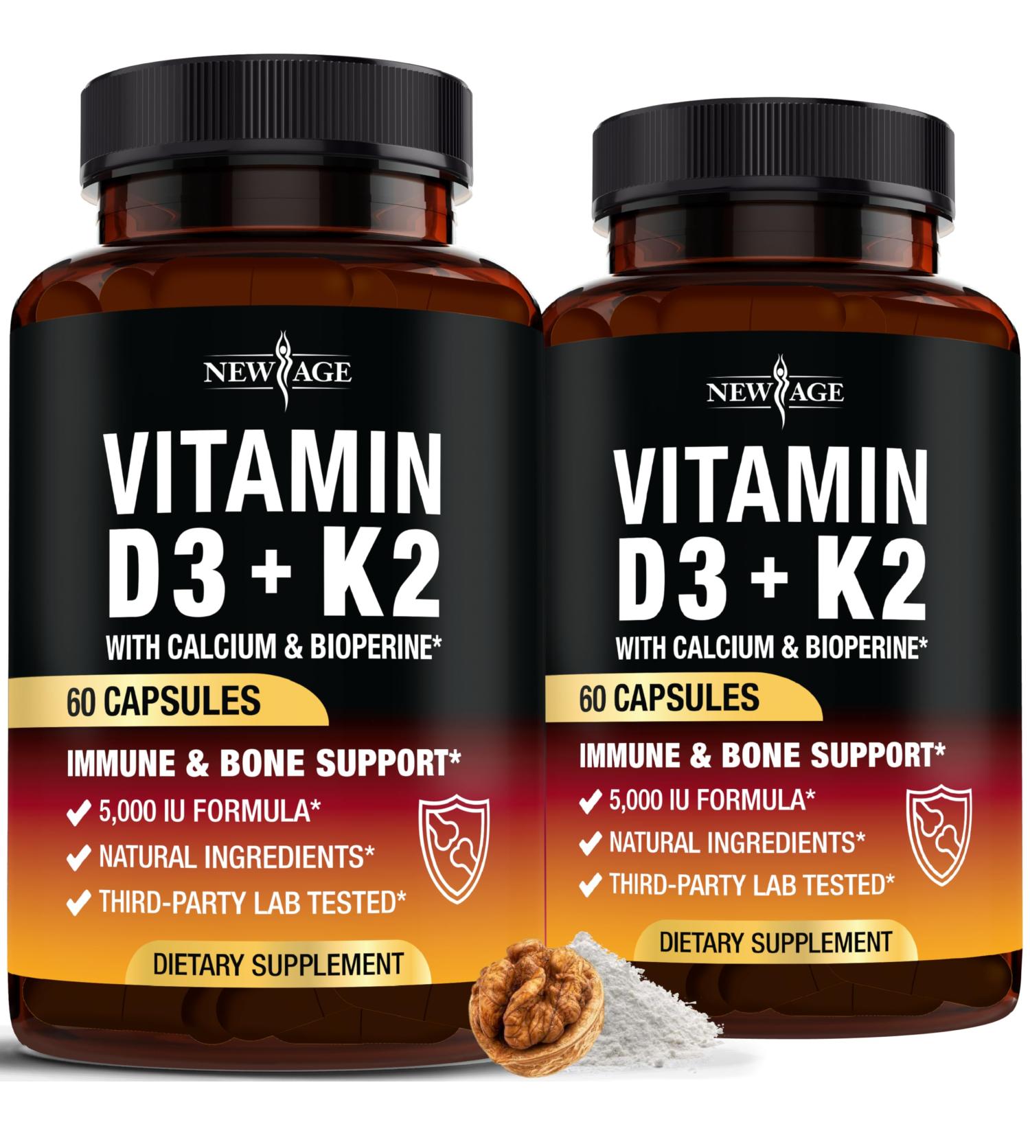 NEW AGE Vitamin D3 5 000 IU + K2 MK-7 100 mcg - 2-in-1 Bone Immune & Heart Support Easy to Swallow Non-GMO - 120 Capsules 60 Count (Pack of 2) - Buy Online on GoSupps.com