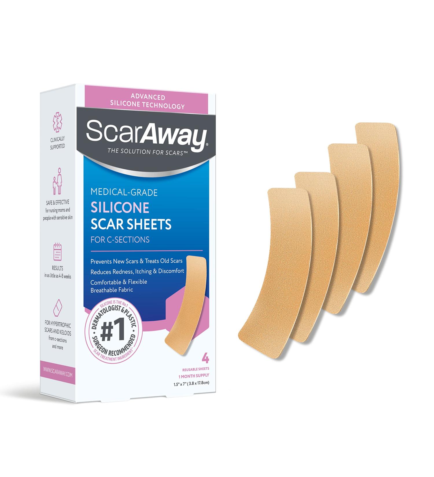 ScarAway Silicone Scar Sheets for C-Section, 4 Reusable 1.5 x 7 Sheets for Hypertrophic & Keloid Scars - Buy Online on GoSupps.com