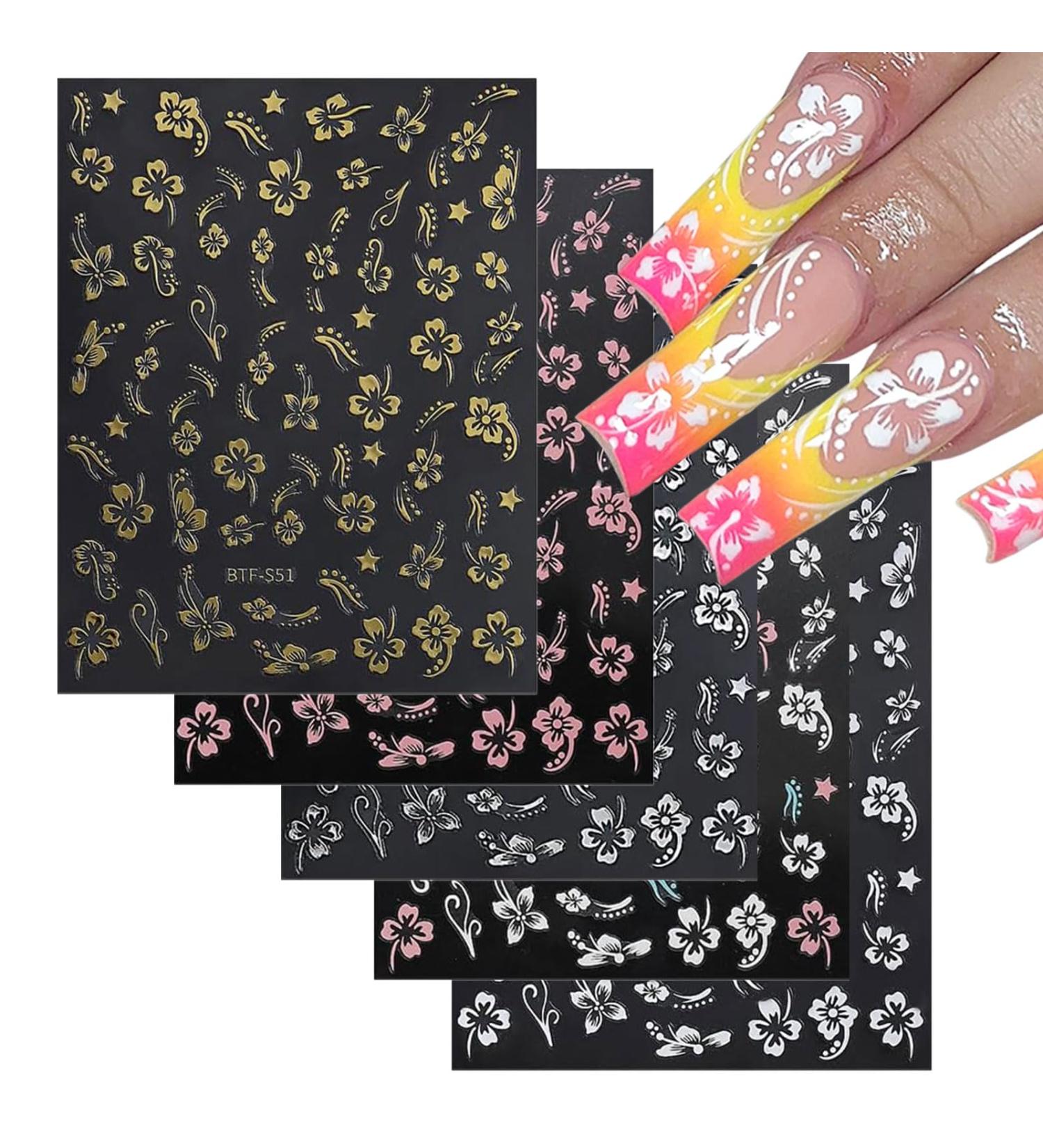 Flower Nail Stickers 10 Sheets 3D Embossed Hibiscus Flower Nail Art Stickers Self Adhesive Nail Decals Floral Nail Art Design Decoration for Women Girls (Gold Silver Pink White) - Buy Online on GoSupps.com