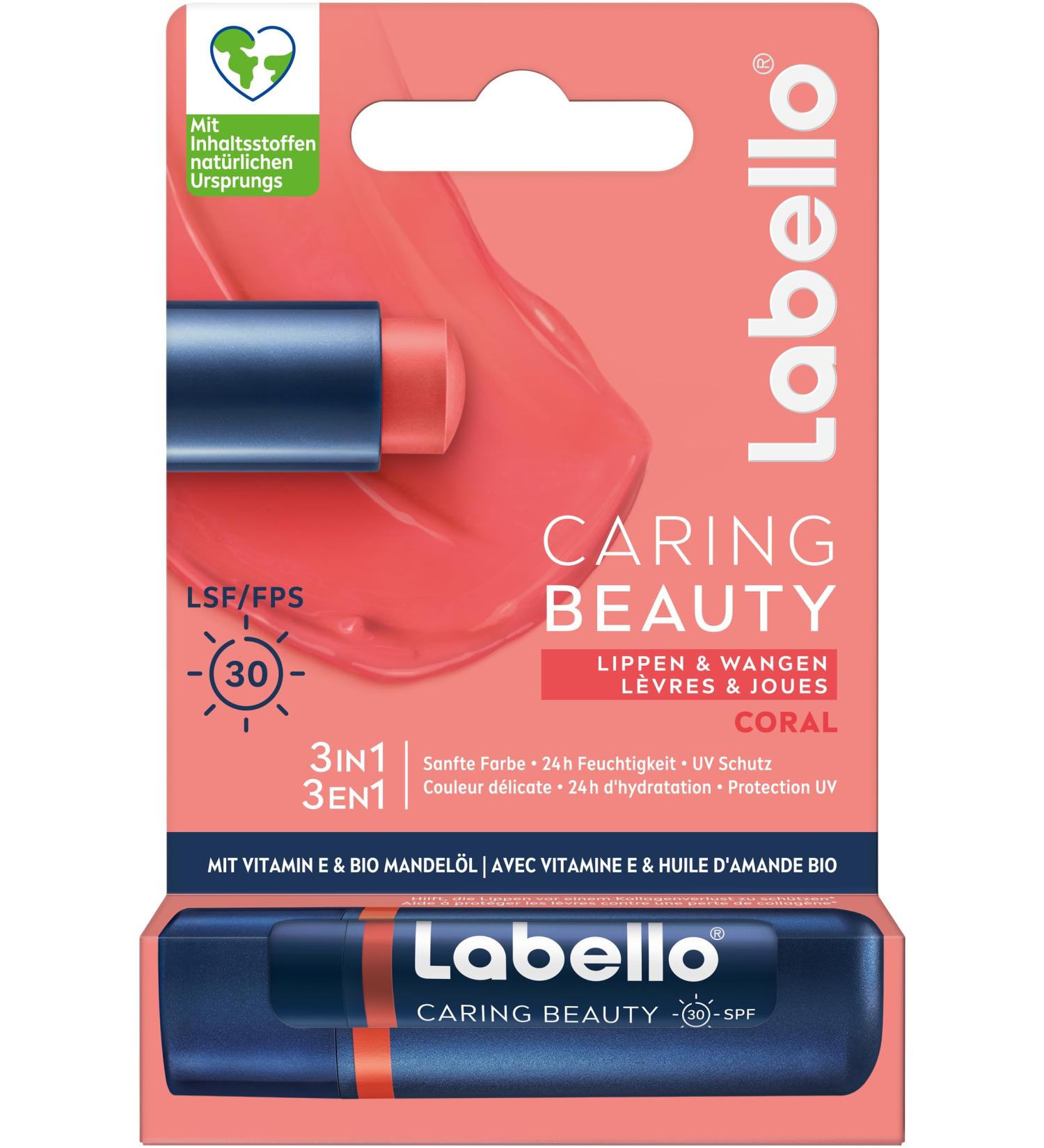 Labello Labello Caring Beauty Coral Lip Balm with Colour and Sun Protection Colorful Lip Care SPF 30 Vitamin E & Organic Almond Oil (4.8g)