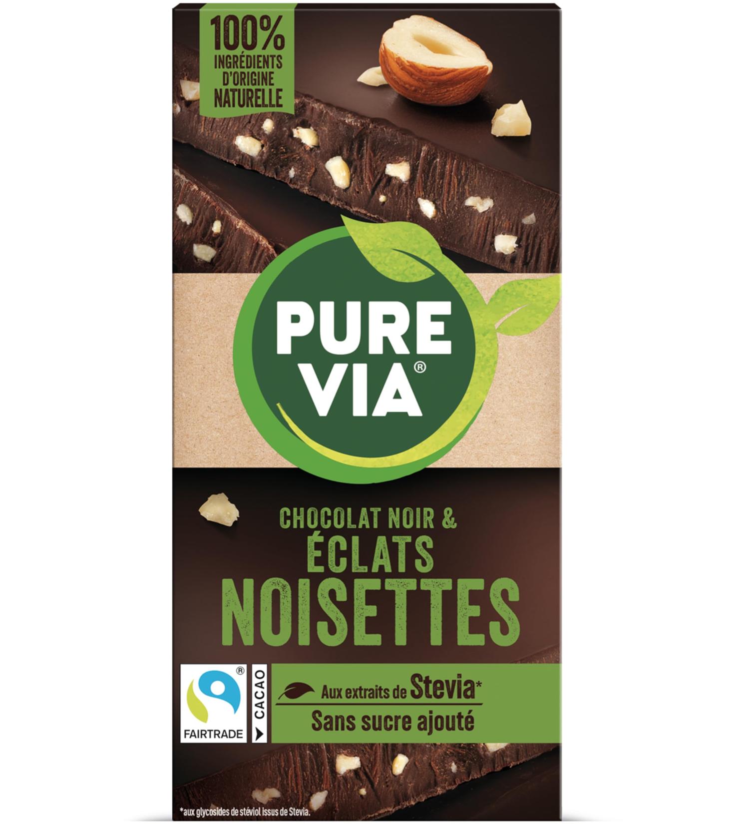 Pure Via Dark Chocolate & Hazelnut Chips Tablet with stevia no added sugar Fair Trade 100g - Buy Online on GoSupps.com