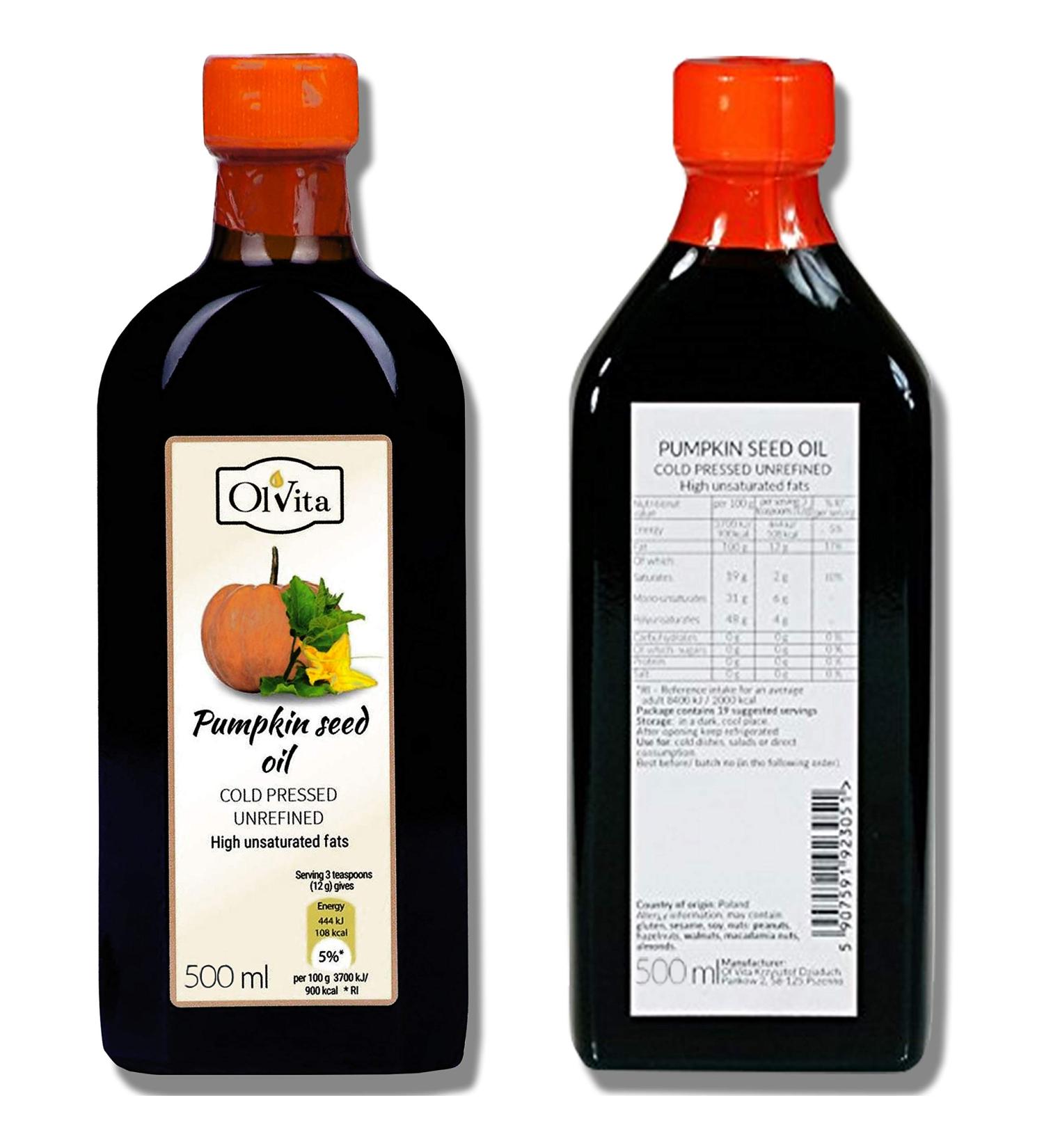 Olvita Ol'Vita: Cold-pressed virgin pumpkin seed oil - raw unrefined quality 500 ml