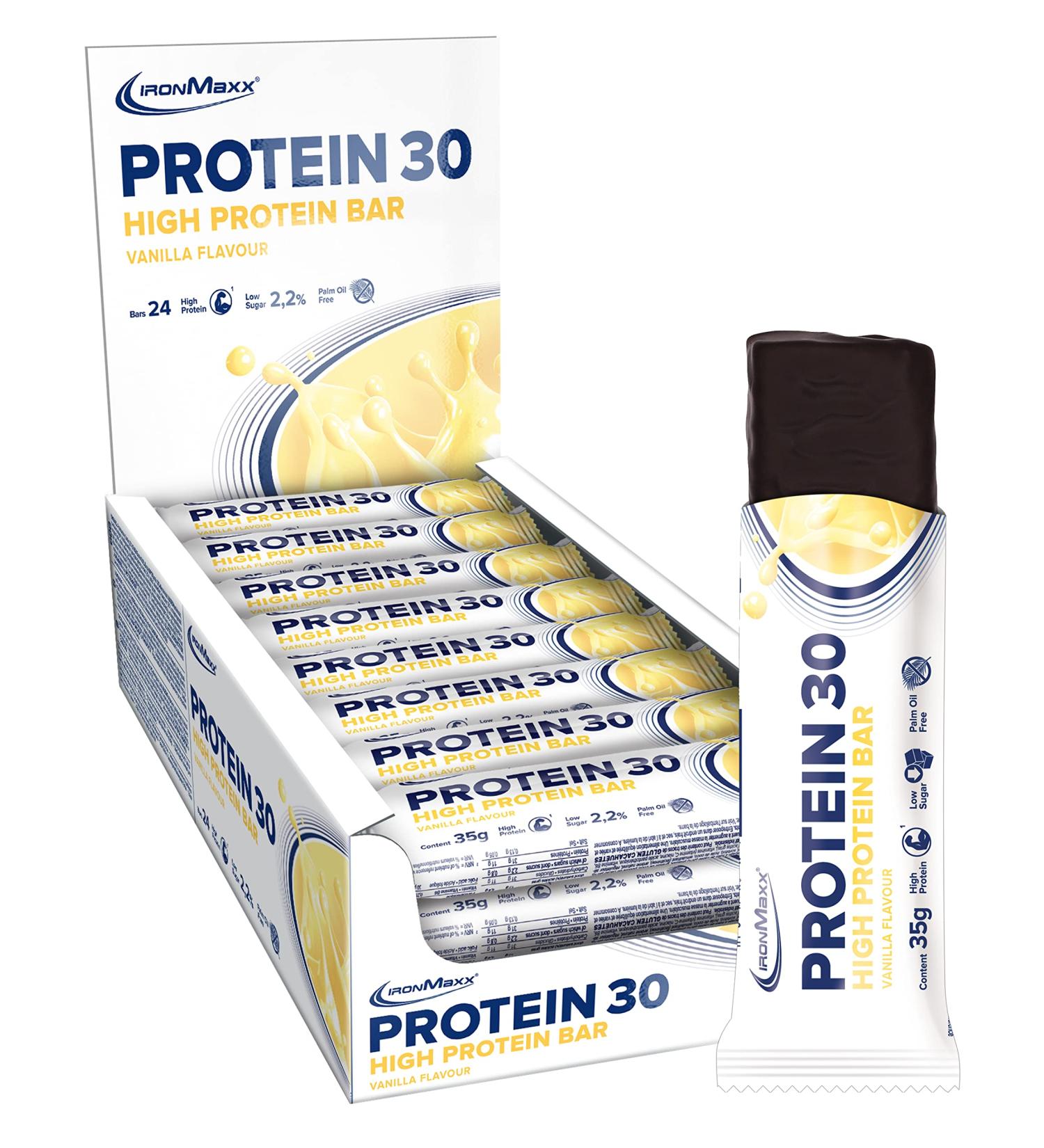 Ironmaxx Protein 30 Bar - Vanilla (24 x 35g) | Gluten-Free Palm Oil-Free Protein Bar | Low-Carb Sugar-Reduced Snack with Vitamins - Buy Online on GoSupps.com