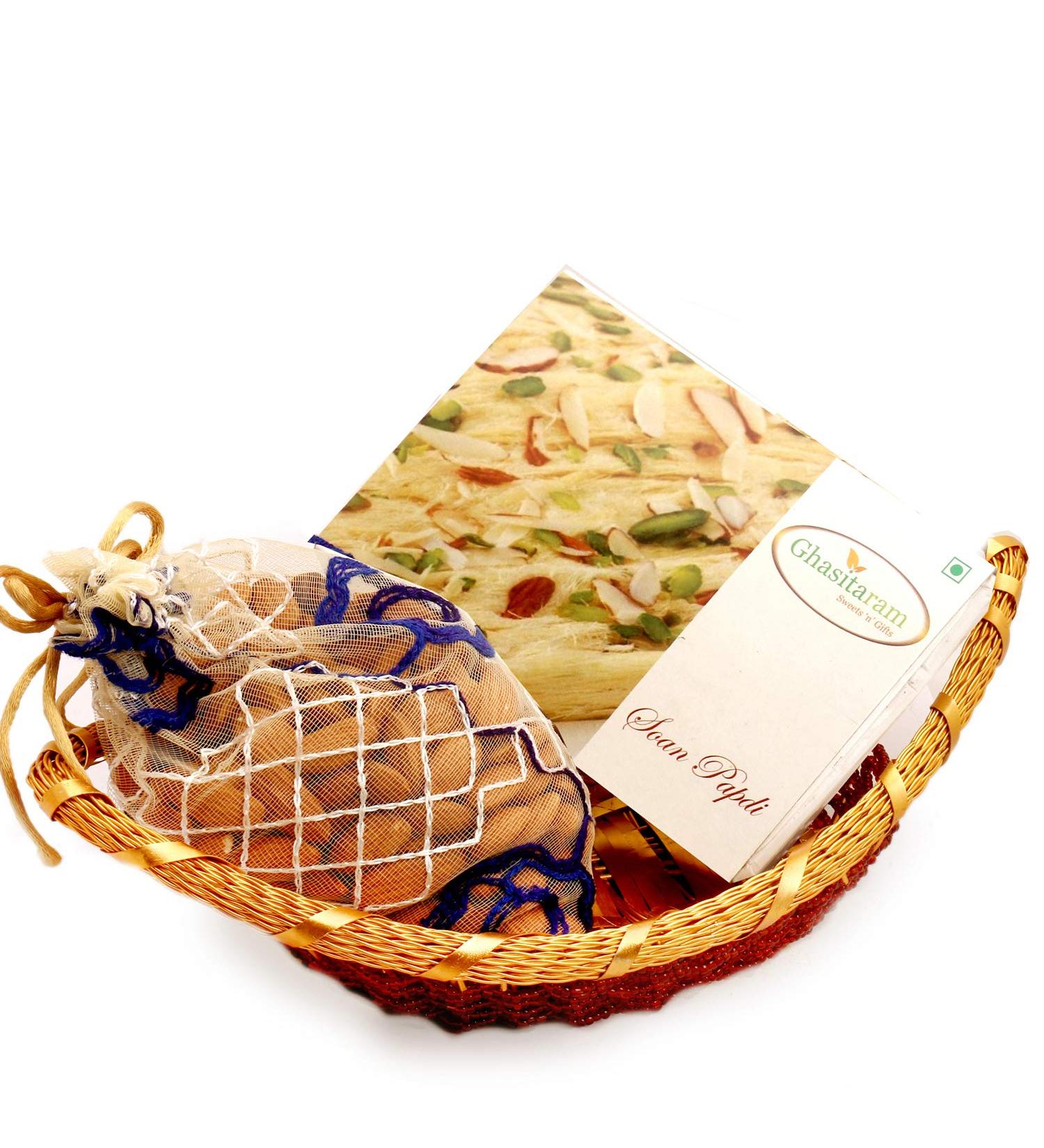 Ghasitaram Gifts Indian Sweets - Diwali Gifts Diwali Hampers- Boat Basket with Soan Papdi and Almonds Pouch - Buy Online on GoSupps.com