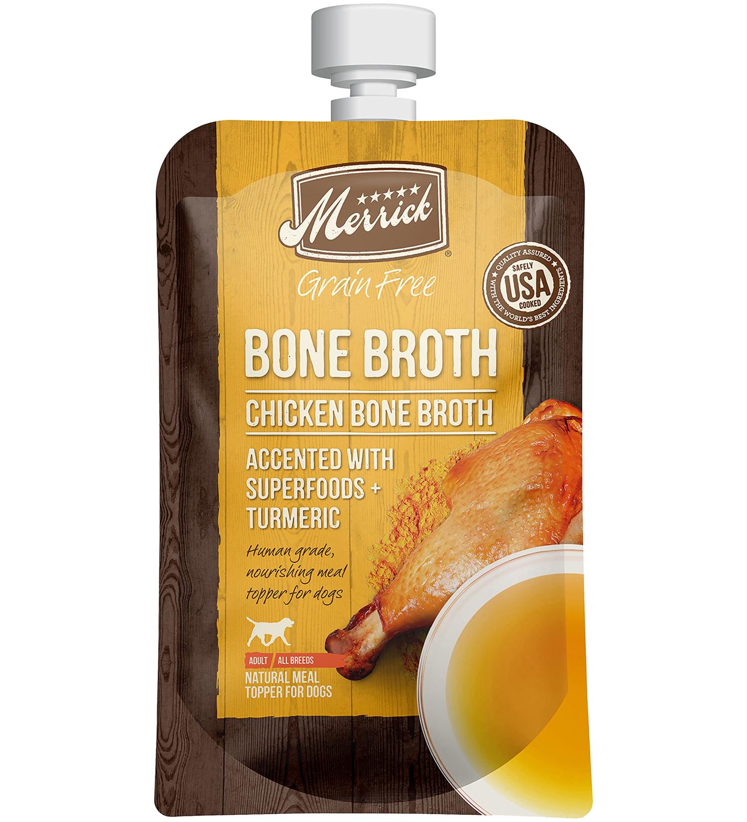 Merrick Grain-Free Chicken Bone Broth Dog Food Topper with Superfoods & Turmeric - 7 oz Pouch - Buy Online on GoSupps.com