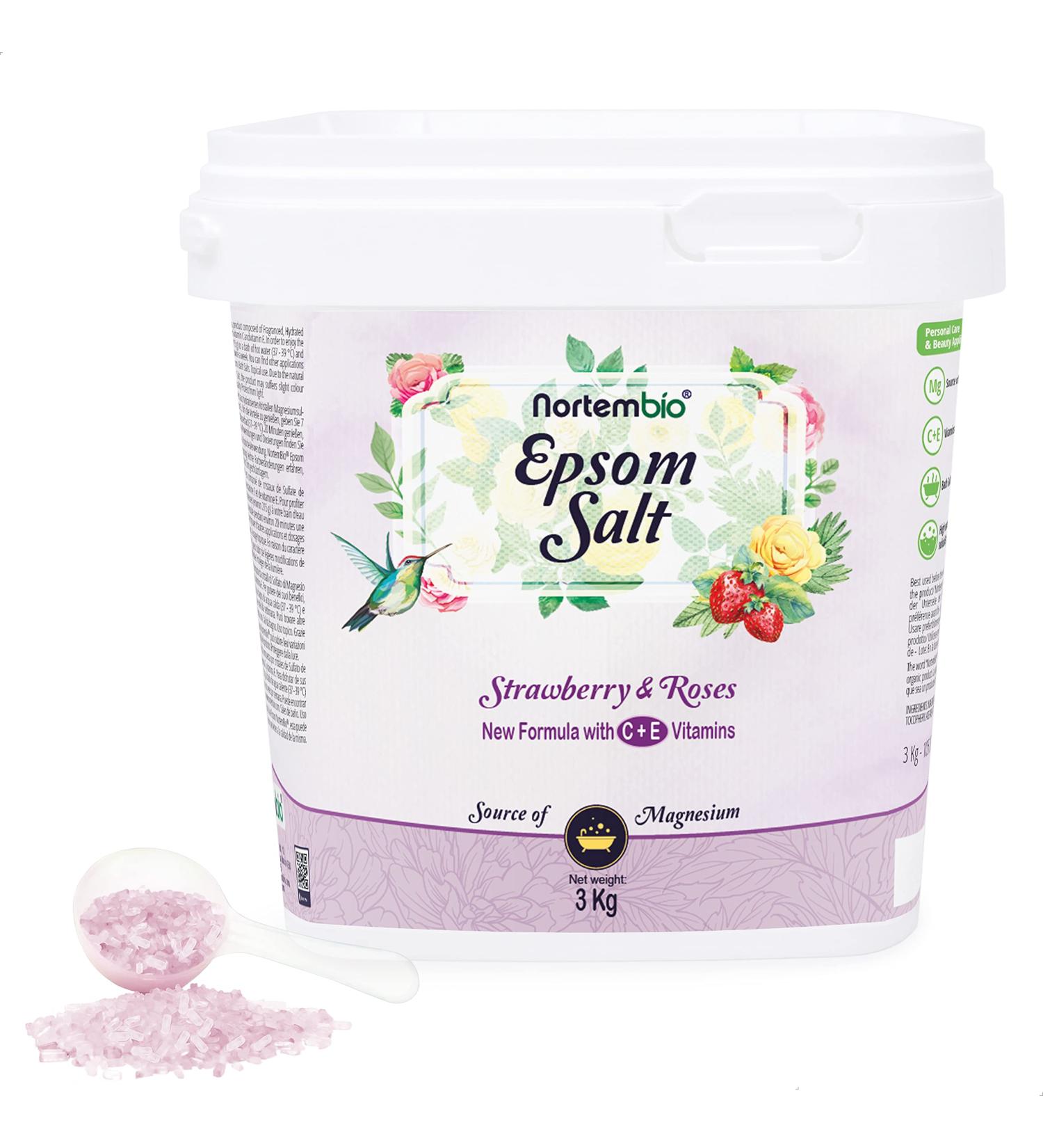 Nortembio Epsom Salt 3 kg - Hydrated with Vitamin C & E for Skin Care | E-Book Included | Perfect for Roses & Strawberries - Buy Online on GoSupps.com