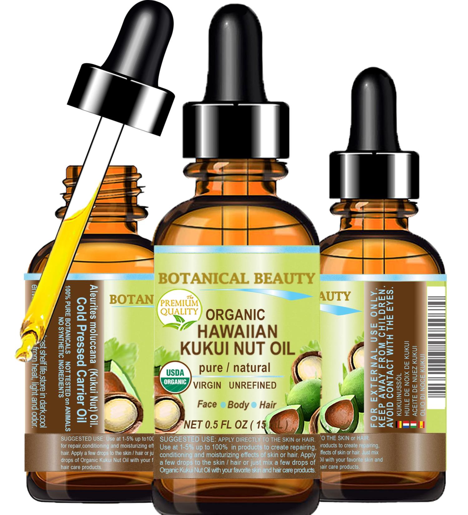 Botanical Beauty Certified Organic KUKUI NUT OIL 100% Pure Natural Virgin Unrefined Cold-Pressed Carrier Oil for Face Skin Body Hair Lip Nails. Rich in Vitamin E (0.5 Fl Oz) 0.5 Fl Oz (Pack of 1) - Buy Online on GoSupps.com