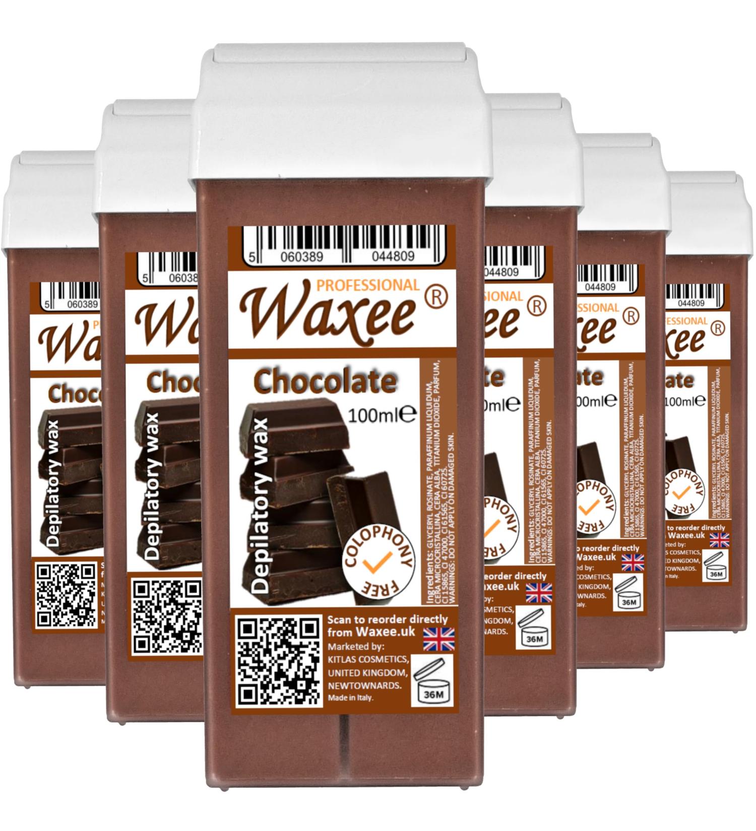 6 x 100ml roll on wax cartridge roller wax refill COLOPHONY FREE Waxee (Roll on wax Chocolate)