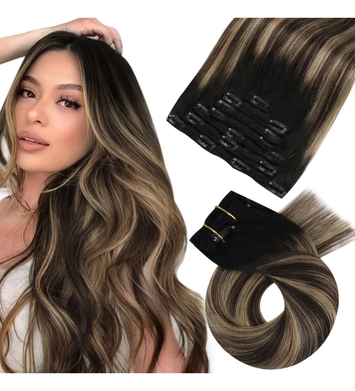 Moresoo Ombre Remy Clip in Hair Extensions - Black to Brown with Caramel Blonde, 120g/7pcs, 16 Inch - Buy Online on GoSupps.com