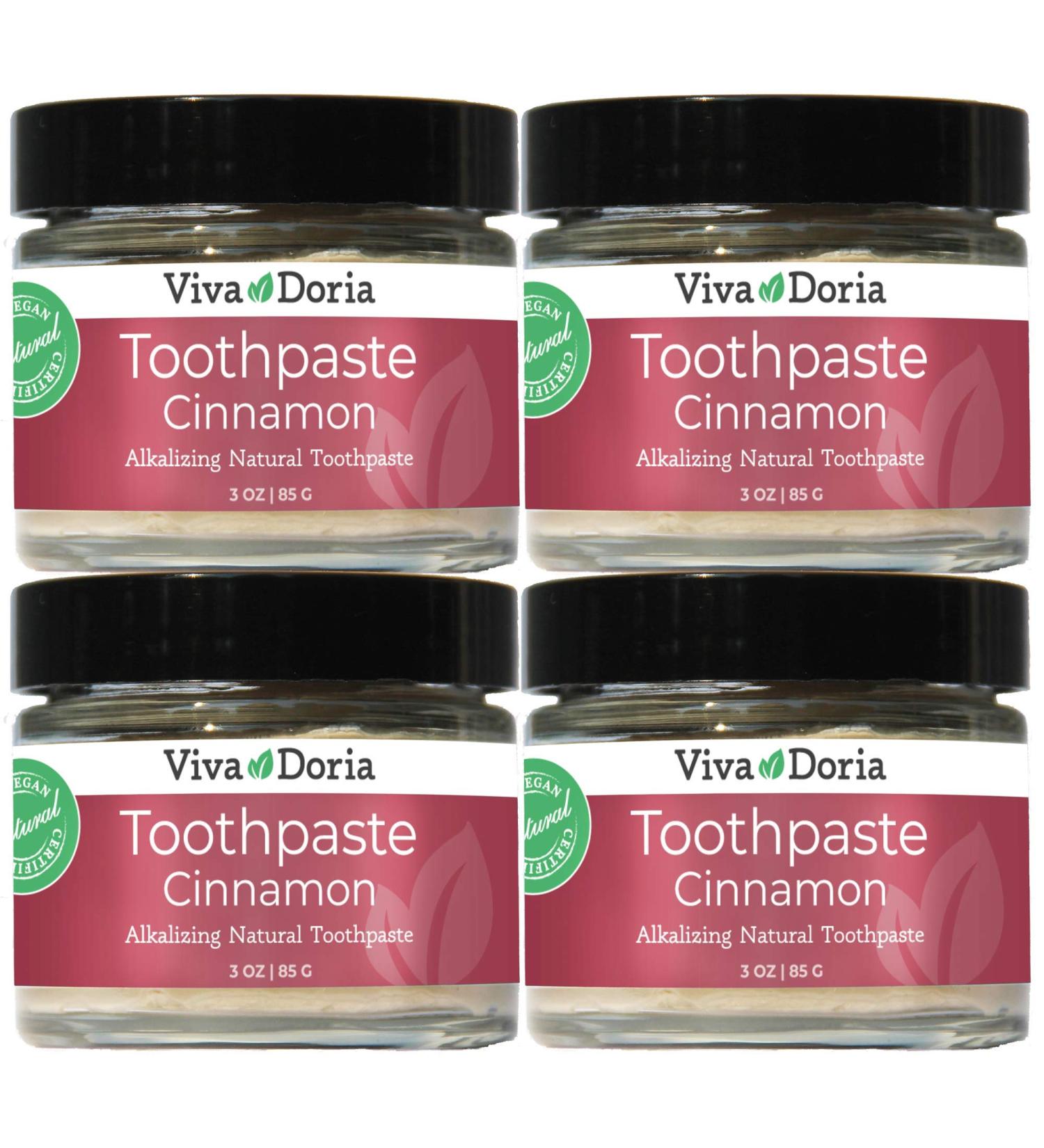 Pack of 4 Viva Doria Natural Toothpaste Fluoride Free Tooth Paste - Cinnamon, Refreshes Mouth, Freshens Breath, Keeps Teeth and Gum Healthy, Cinnamon Flavor, 3 oz Glass jar