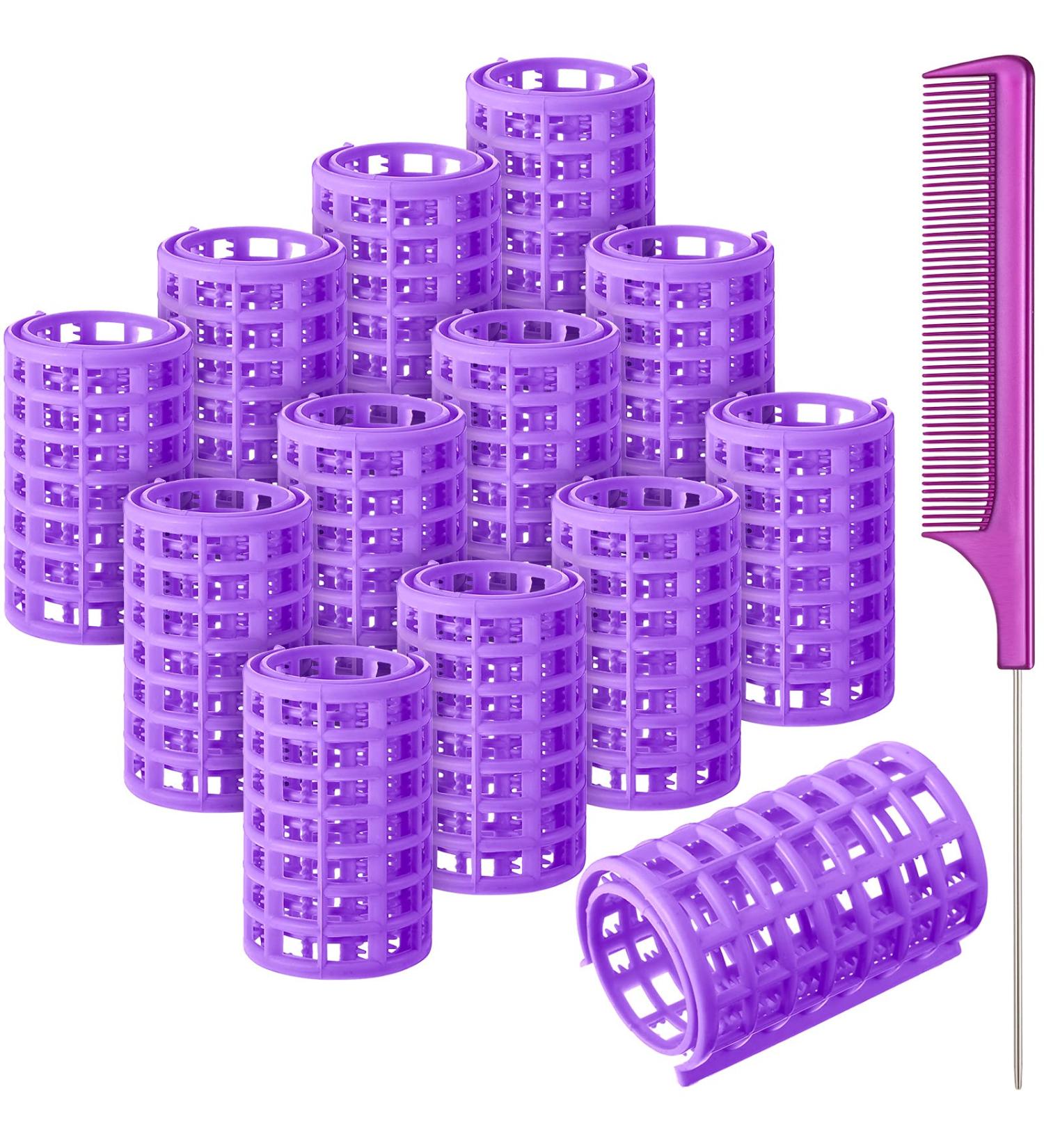 12-Piece Large Size Hair Roller Set with Steel Rat Tail Comb - Purple Hair Curlers for Styling Short and Long Hair - 6.8 x 3.6 cm - Buy Online on GoSupps.com