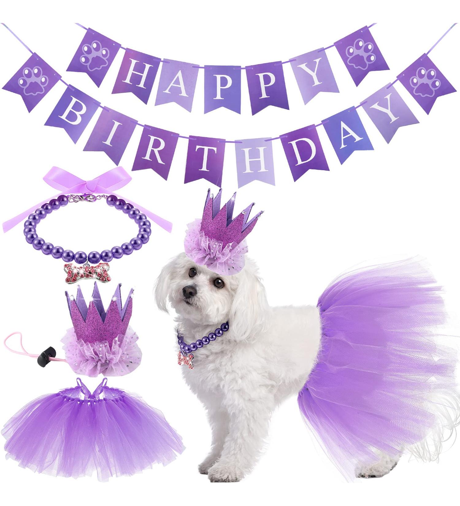 Hamify 4 Pieces Cute Dog Birthday Outfit with Pet Tutu Skirt Puppy Pearl Necklace Dog Crown Hat and Happy Birthday Banner for Puppy Dog Pet Cat Girl Birthday Party Supplies (Purple) - Buy Online on GoSupps.com