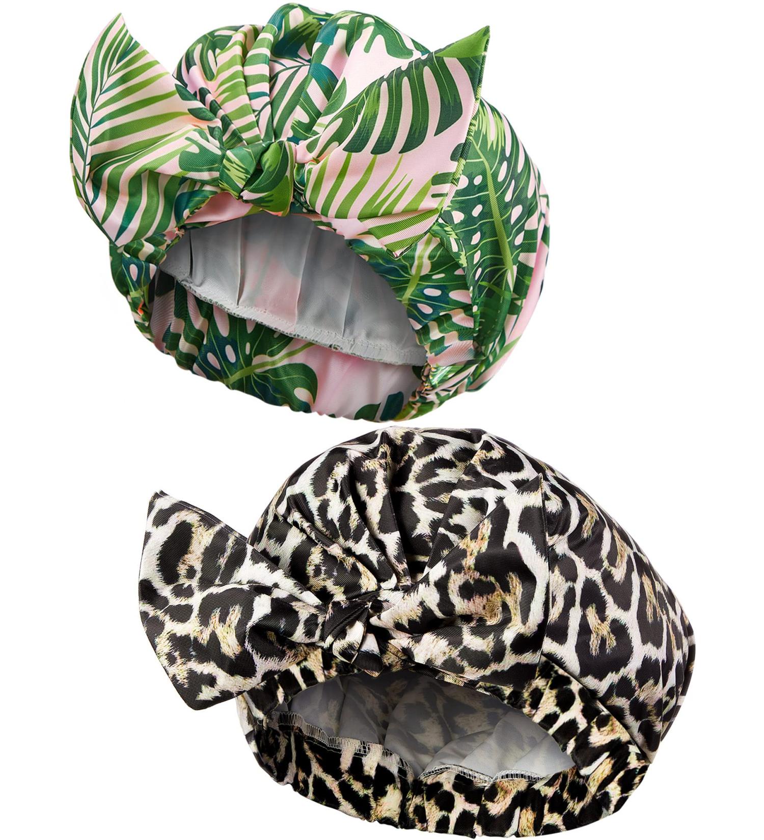 2-Pack Waterproof Reusable Shower Caps for Women - Palm Leaf and Leopard Design - Elastic Hem Turban Shower Caps for Long, Short, and Curly Hair - Ideal for Women and Girls - Buy Online on GoSupps.com