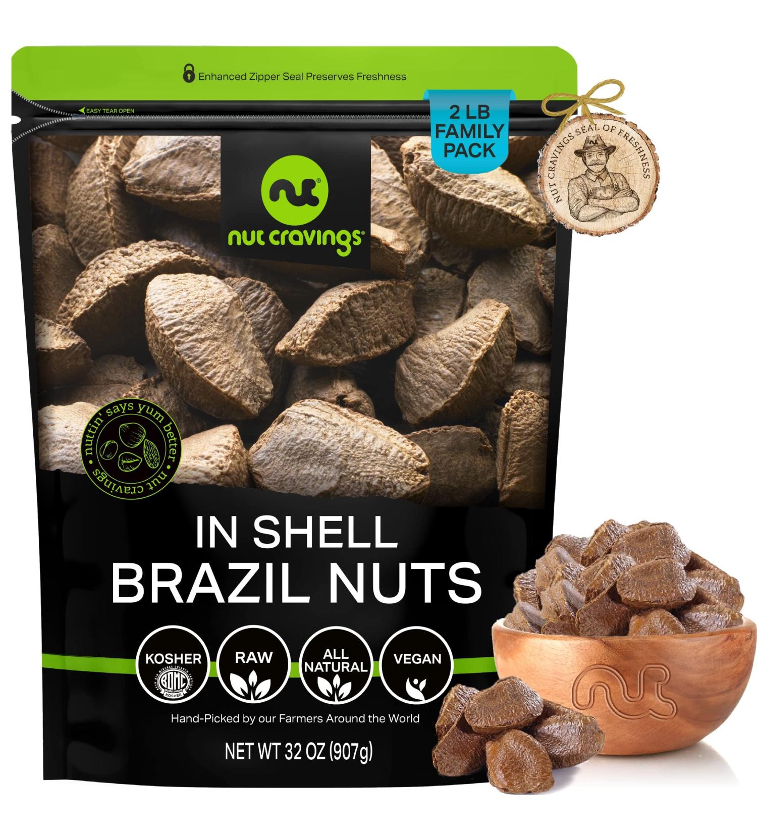 Raw Brazil Nuts In Shell - Whole Superior Quality (32oz - 2 LB) | Fresh Resealable Bag | Healthy Protein Snack | Natural, Keto-Friendly, Vegan, Kosher - Buy Online on GoSupps.com