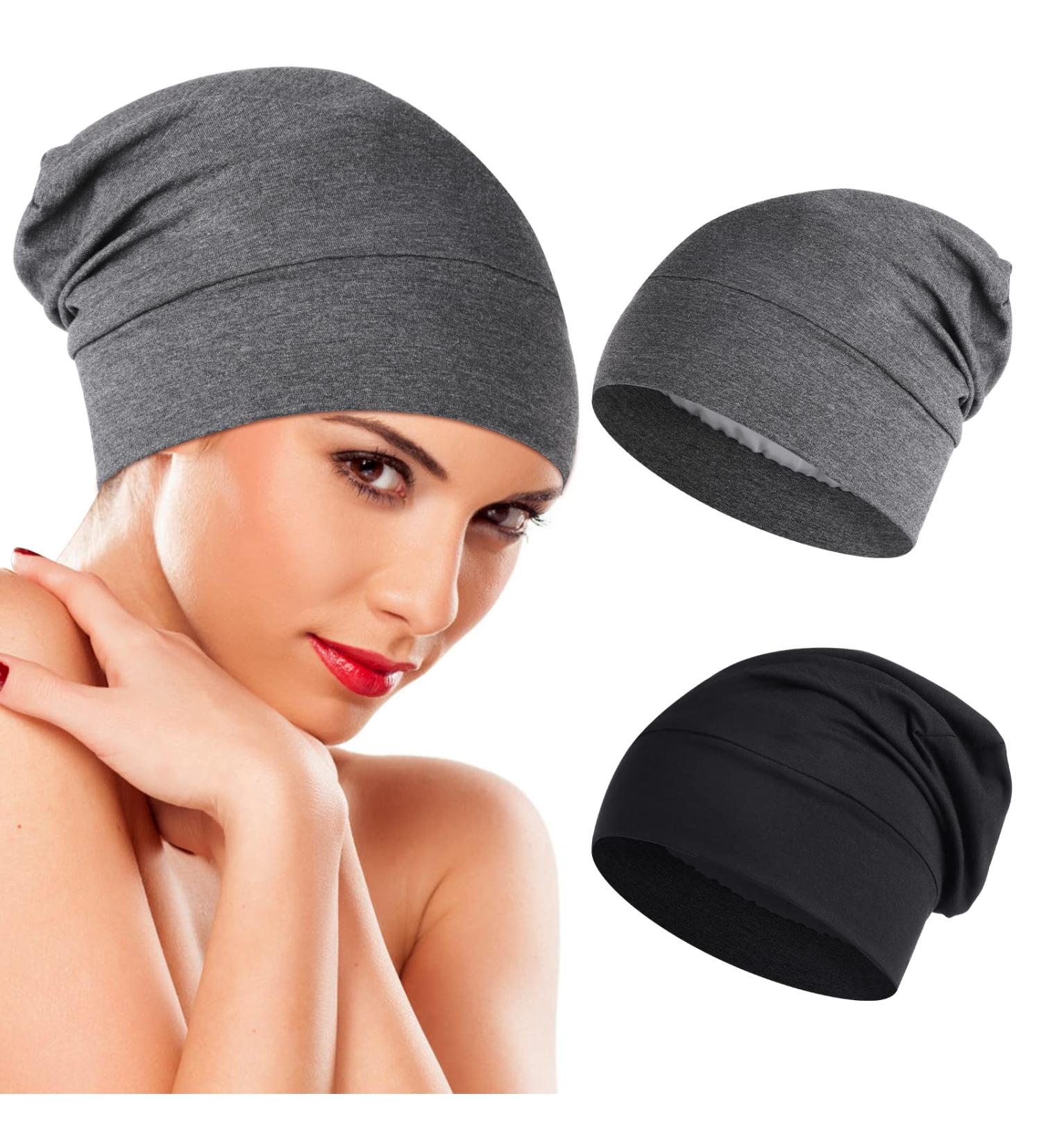 Wllhyf Silk Sleeping Hat - 2 Soft Satin-Lined Hair Wraps & Adjustable Turban for Chemotherapy & Frizzy Hair - Gray & Black - Buy Online on GoSupps.com