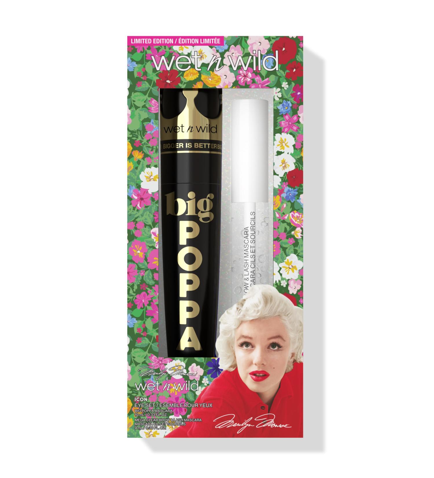 Wet N Wild Marilyn Monroe Big Drama Eye Set Volumizing Black Mascara and Clear Lash & Brow Mascara Set Nourishing Formula with castor oil provitamin B5 and soy protein for fuller eyelashes big drama eye set