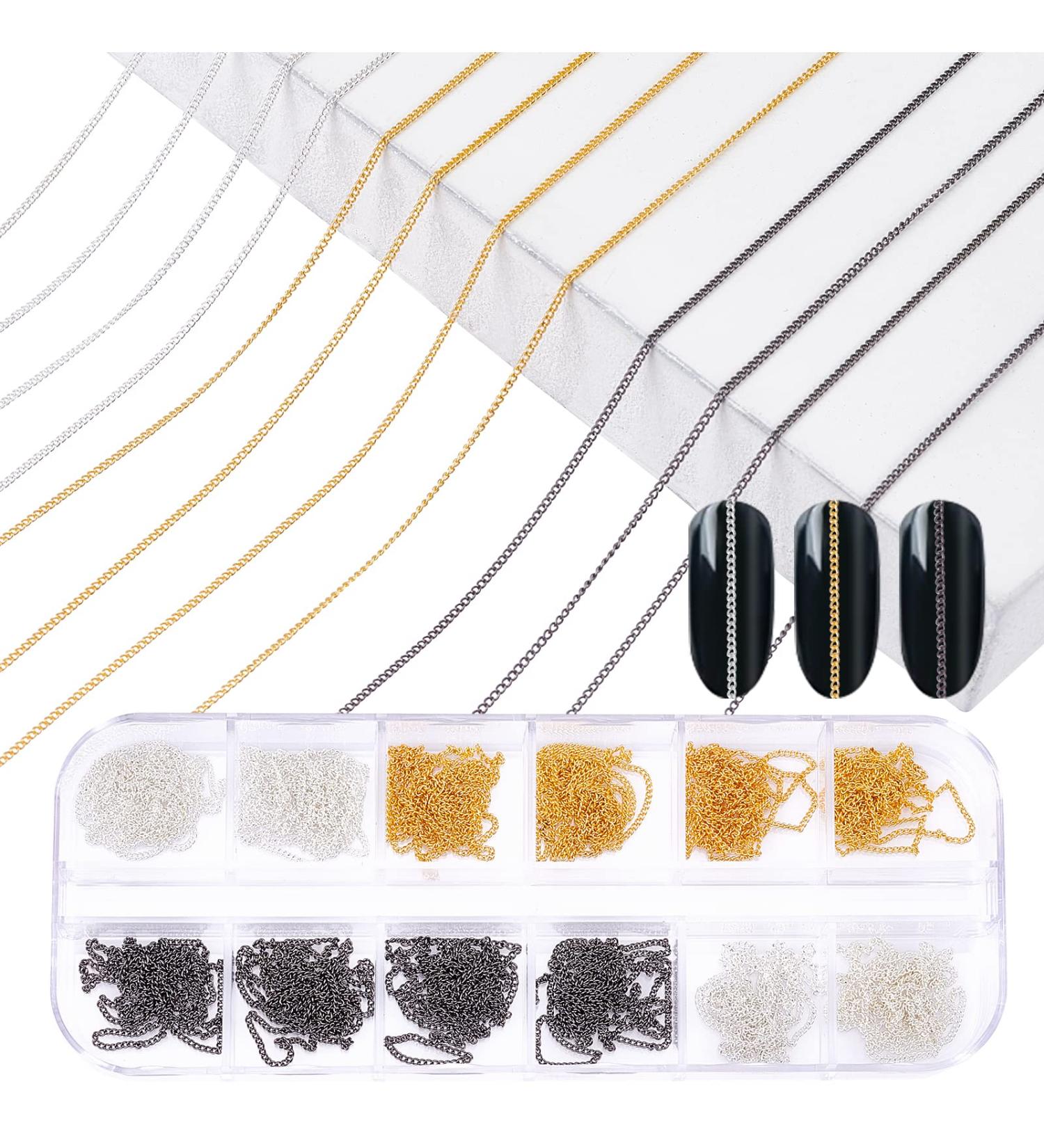 NICENEEDED 12 Strips Metal Nail Art Chains Gold, Silver, Black Nail Decorations for Manicure DIY - Buy Online on GoSupps.com