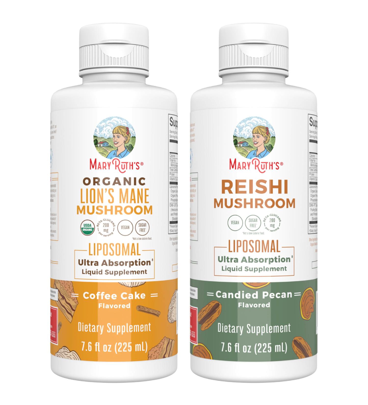 MaryRuth Organics Lion's Mane Liposomal (Coffee Cake) & Reishi Mushroom (Candied Pecan) | Clean Label Project Verified | Vitamins for Cognitive Support Immunity & Overall Health | Vegan Non-GMO - Buy Online on GoSupps.com