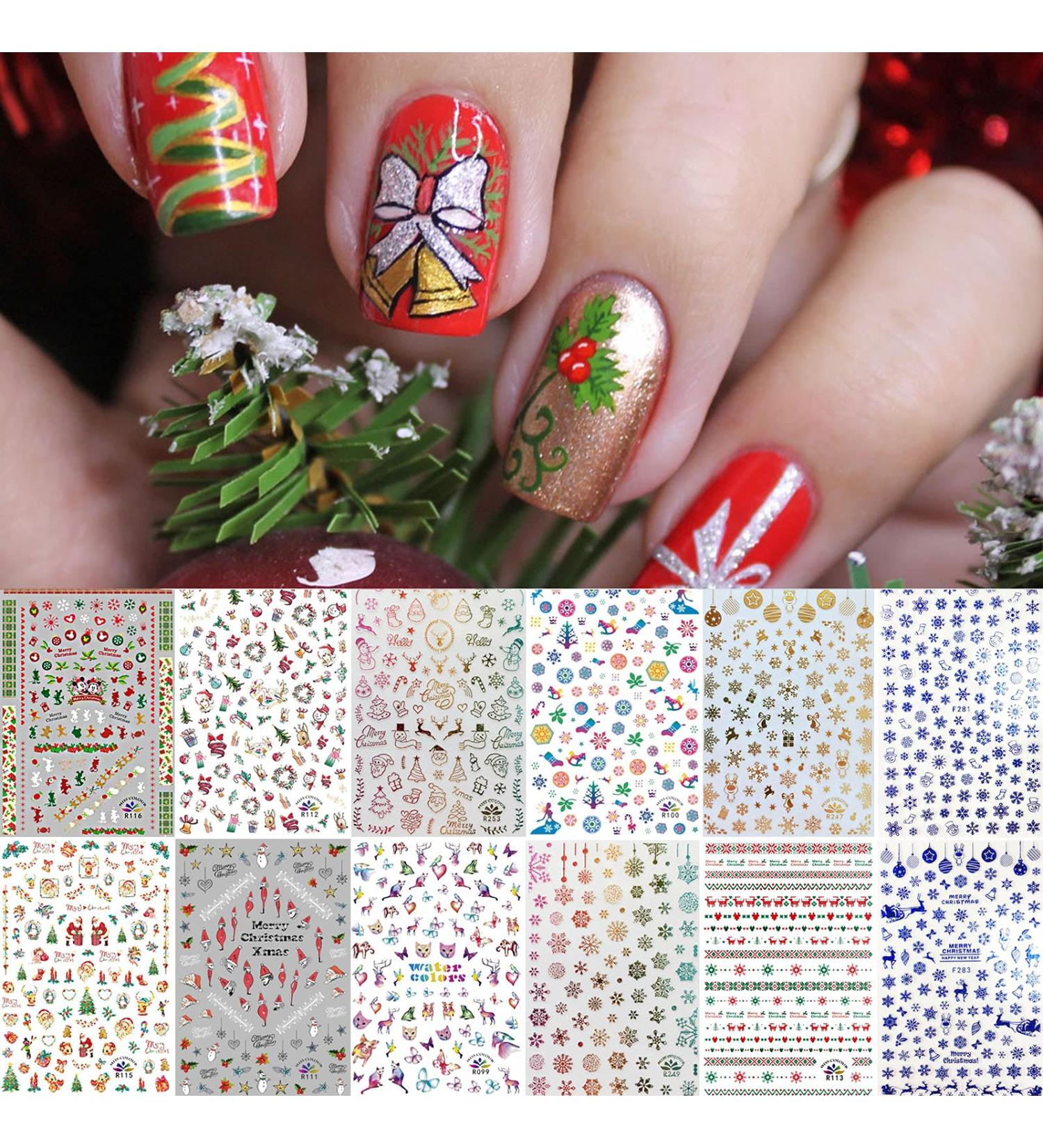 1500+ Christmas Nail Art Stickers - Self-Adhesive Santa, Snowflakes & More | 12 Large Sheets for Festive Nail Designs - Buy Online on GoSupps.com