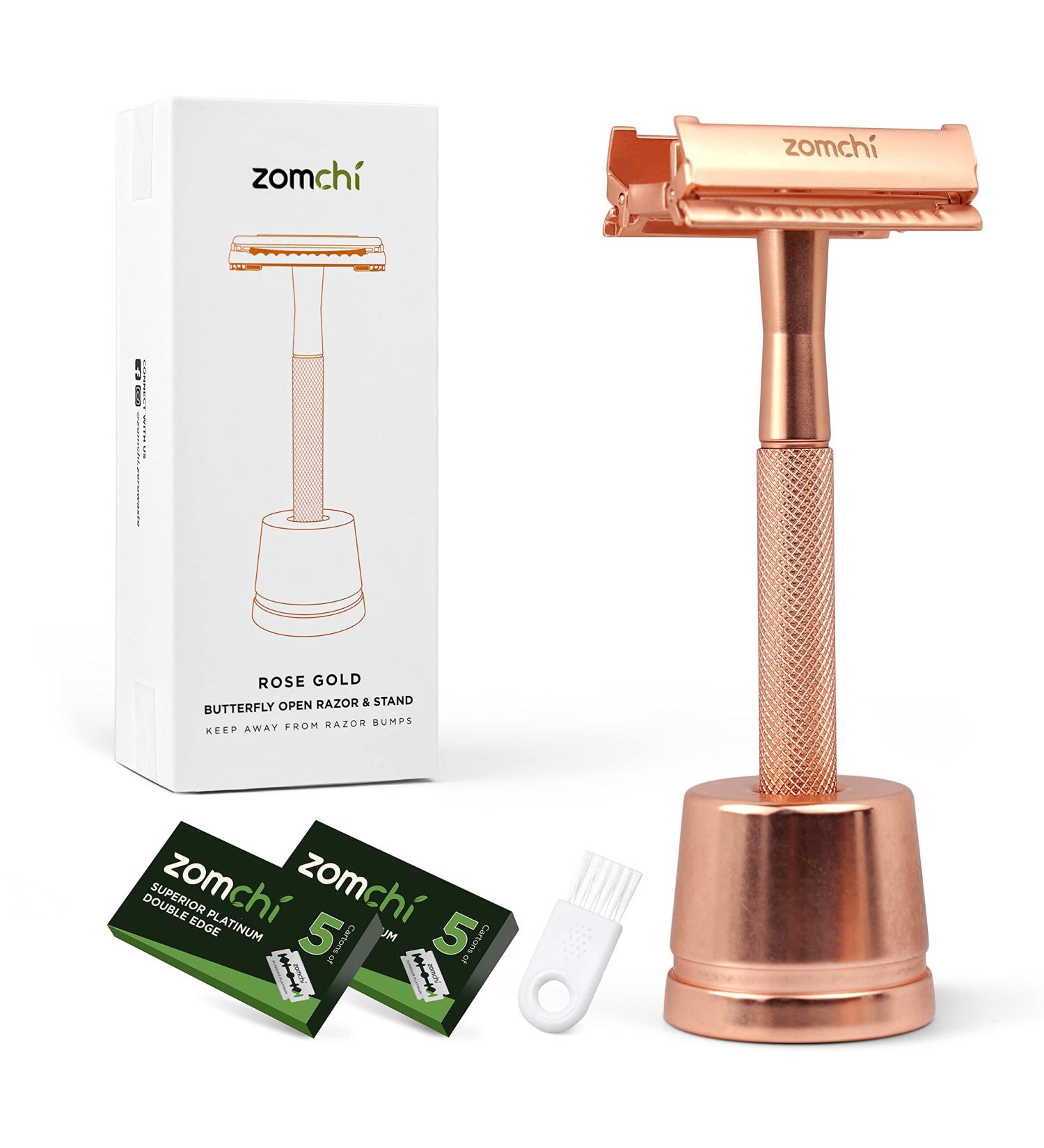 Women's Butterfly Open Safety Razor Set with Stand - Rose Gold, Plastic-Free Blades - 1 Count - Buy Online on GoSupps.com