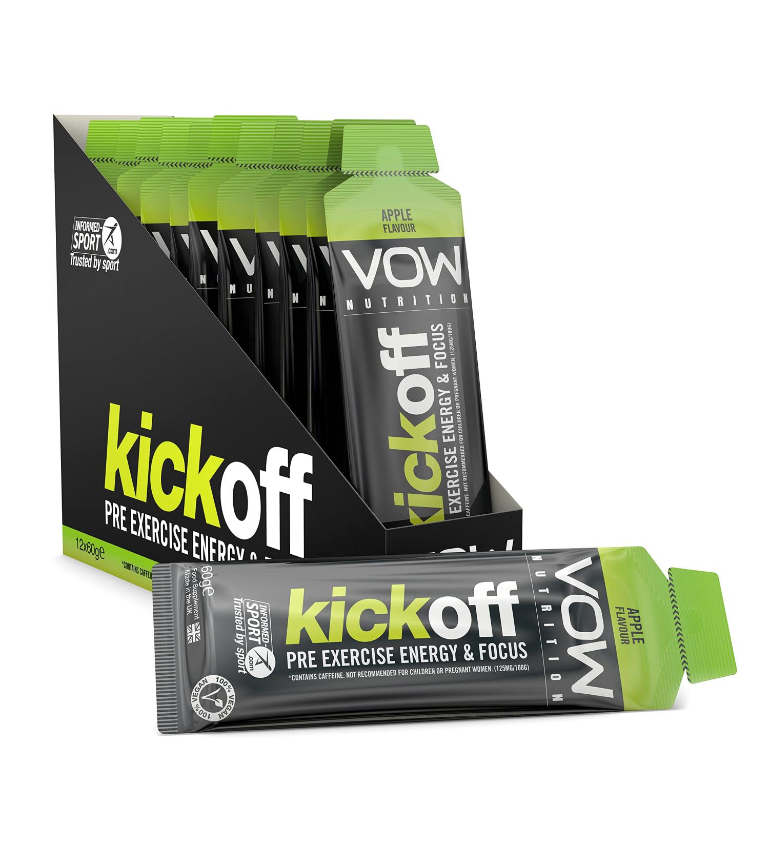 Vow Kick Off x 12 60g Energy Gels with 75mg Caffeine 22g Carbohydrates Apple Flavour Informed Sports Approved Carb Gel Sports Gel Cycling Running Soccer Rugby Football Supplements - Buy Online on GoSupps.com