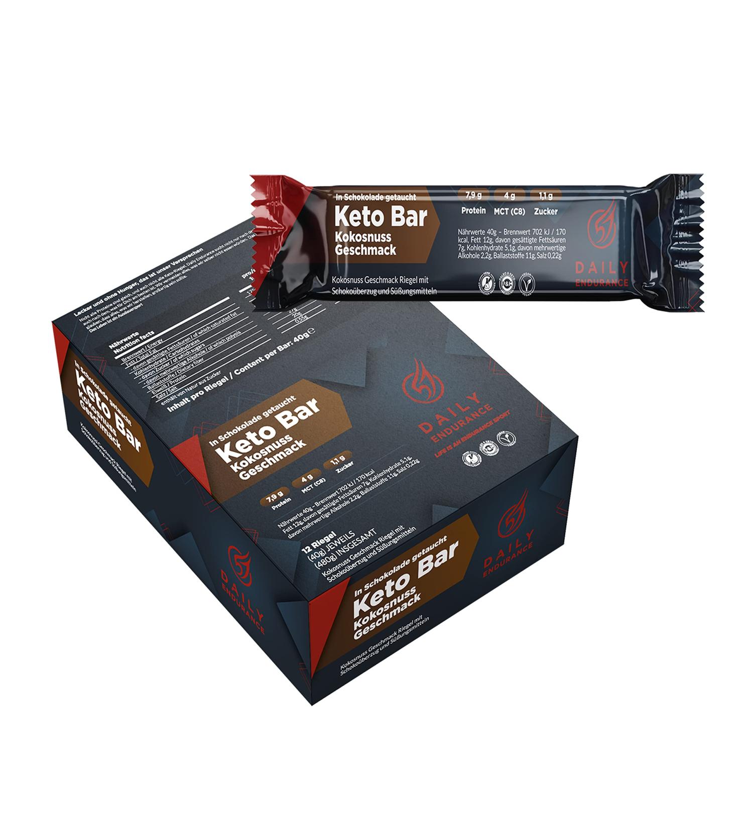 Daily Endurance Keto Bar - Best Low Carb Vegan Snack | 3g Net Carbs | Paleo & Keto Chocolate Riegel | 12 Coconut Bars | Healthy On-the-Go Treat - Buy Online on GoSupps.com