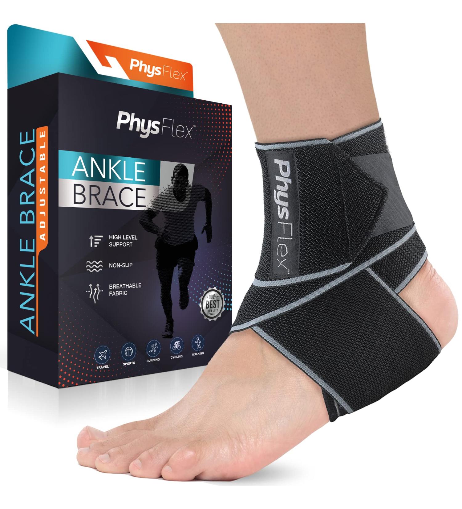 PhysFlex Ankle Brace - Adjustable Compression Sleeve for Sprained Ankle, Achilles Tendon, Plantar Fasciitis - Gray, Ideal for Men & Women - Buy Online on GoSupps.com