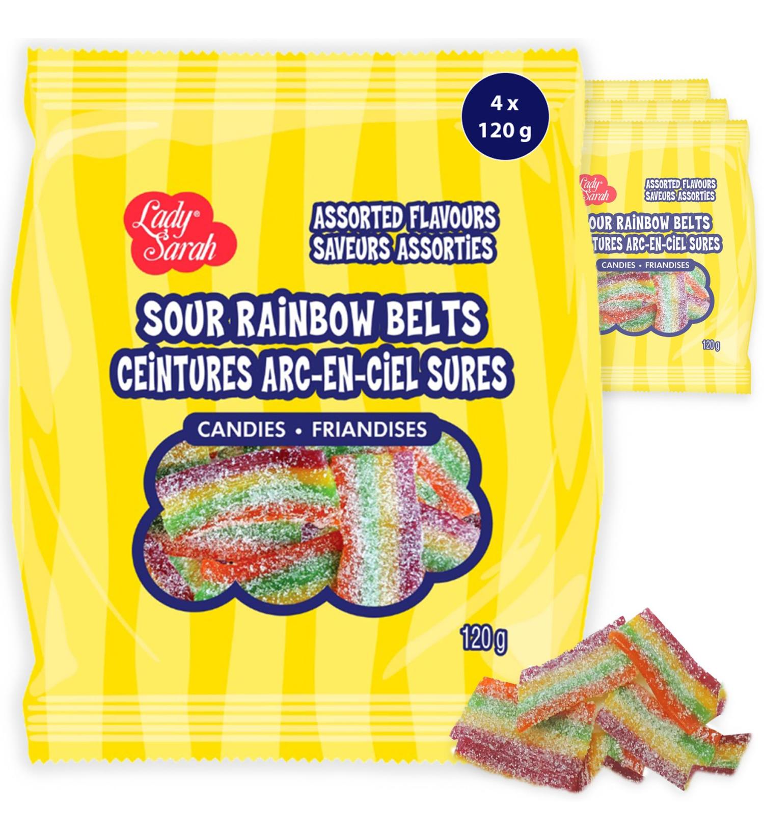 Lady Sarah Sour Rainbow Belts Candy Bag - Bulk Gummy Candy | Smart Choice from Lady Sarah Variety Sweets - Canada s Top Gummy Candy - 480 Grams (4 Candy Bags x 120G) Pack of 4 - Buy Online on GoSupps.com