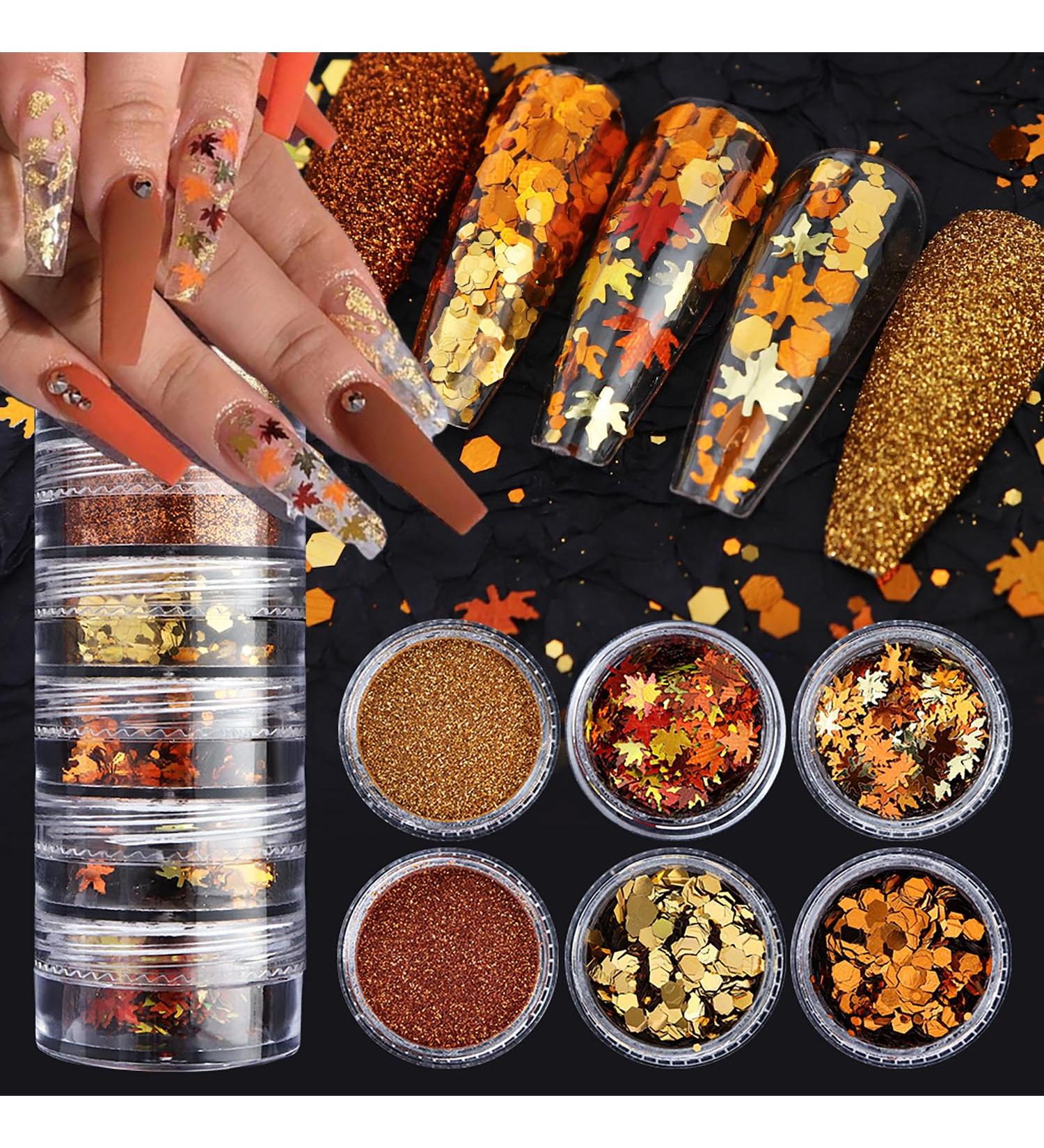 Thanksgiving Fall Maple Leaf Nail Art Glitter Flakes | Golden Orange Fine Glitter Powder & Hexagon Sequins for Manicure & Crafts - Buy Online on GoSupps.com