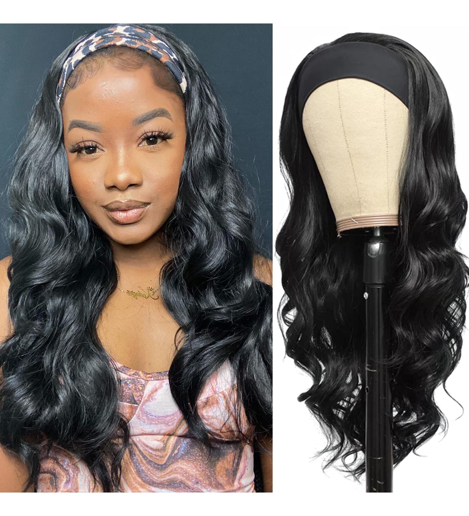 Synthetic Glueless Black Body Wave Headband Wig - 26 Inch 1B# Natural Black - Heat Resistant - 180% Density - For Black Women - Buy Online on GoSupps.com