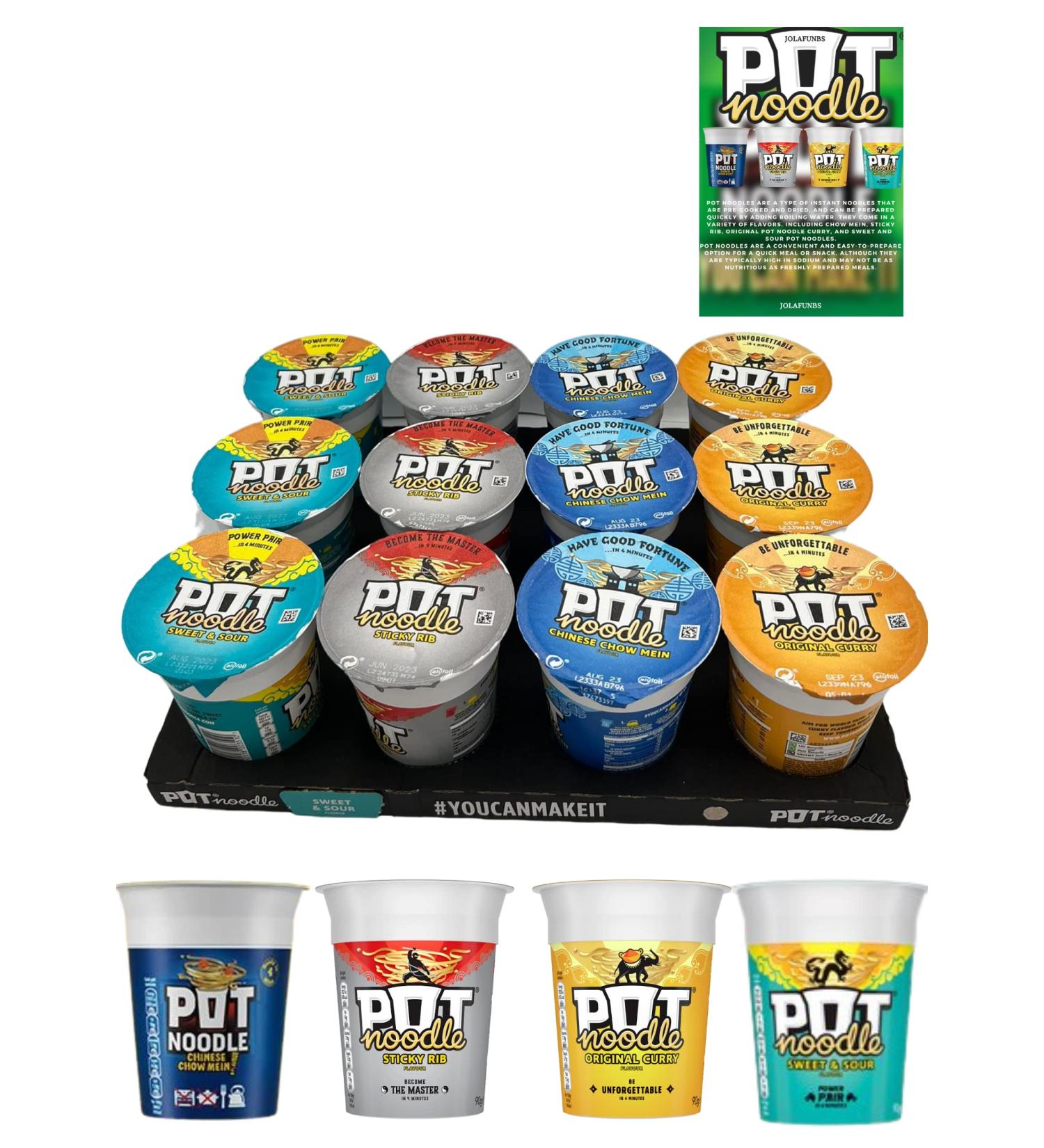 Pot Noodle 4 Variety Include Chow Mein Chinese Noodles Sticky Rib Original Pot Noodle Curry & Sweet And Sour Pot Noodles - Buy Bulk 12 Pack Pot Noodles - Buy Online on GoSupps.com