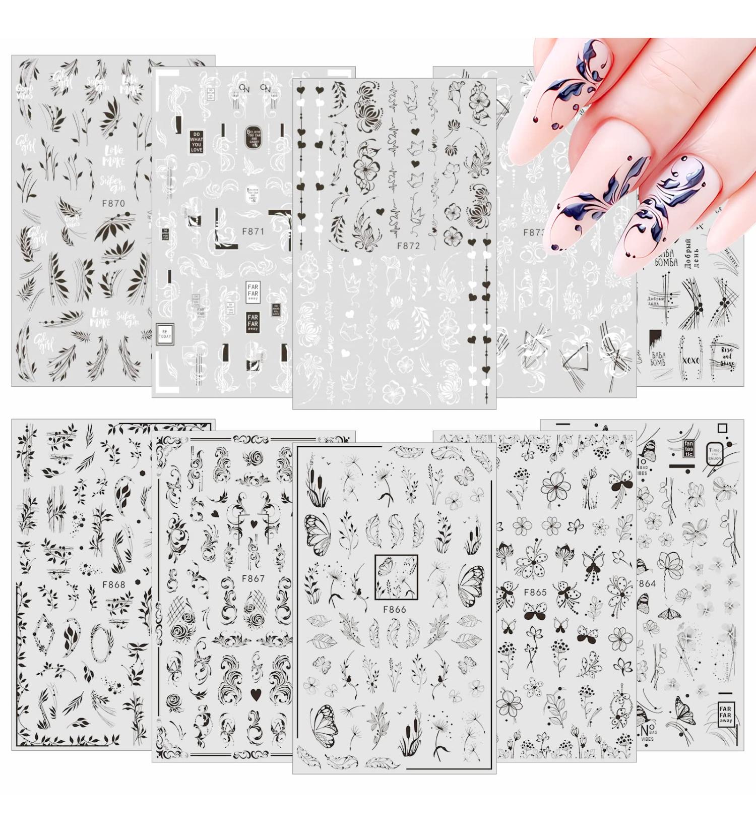 MxTimwan 10 Sheet Nail Ticker - Self-Adhesive Nail Art Stickers with White & Black Flowers | Perfect Nail Accessories for Women & Girls | Ideal Festival Gift - Buy Online on GoSupps.com