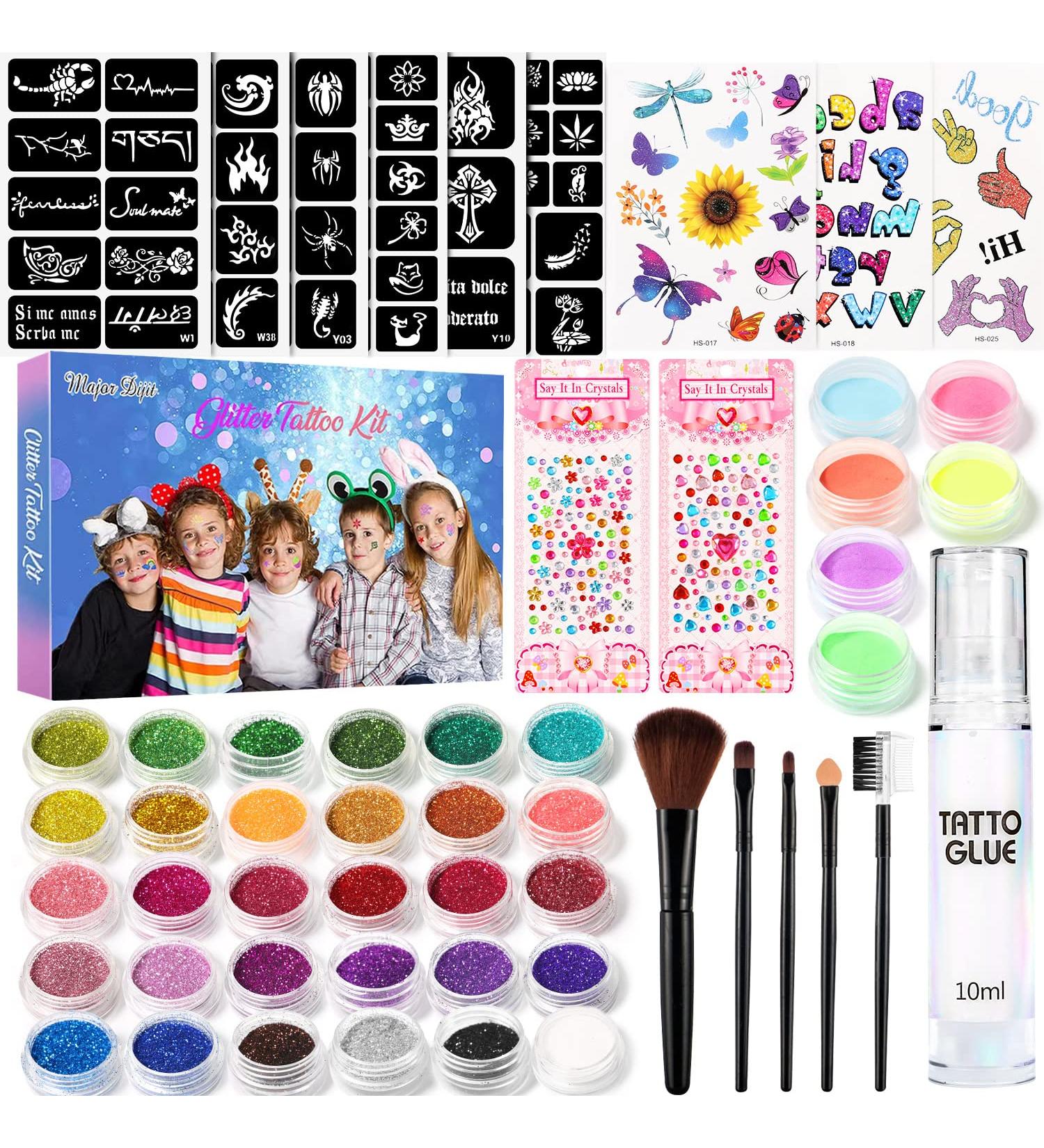 Temporary Glitter Tattoo Kit - 30 Colors, 6 Stencils, Body Glue, Brushes, Stickers, Rhinestones - Adults & Kids Halloween, Christmas, Birthday Party Makeup Gift - Buy Online on GoSupps.com