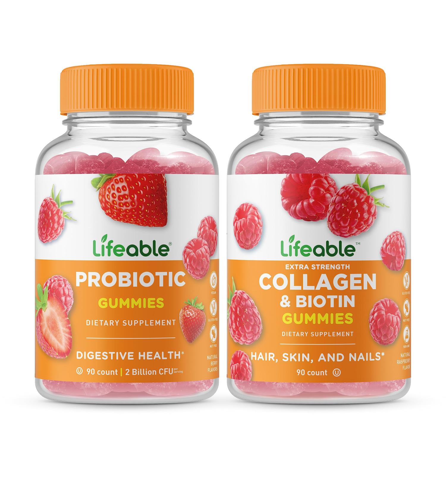 Lifeable Probiotic 2 Billion CFU + Collagen & Biotin Gummies Bundle - Great Tasting Vitamin Supplement Gluten Free GMO Free Chewable Gummy - Buy Online on GoSupps.com