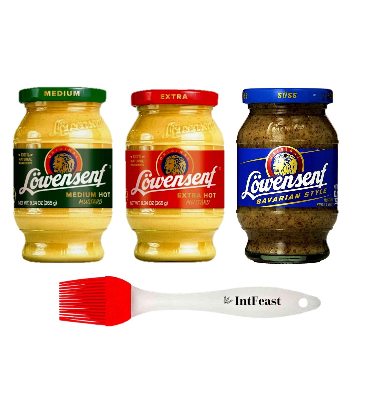 Lwensenf German Mustard Variety Pack - Extra Hot, Medium Hot, and Sweet & Spicy Mustards (3 Pack) with Silicone Pastry Brush - Buy Online on GoSupps.com