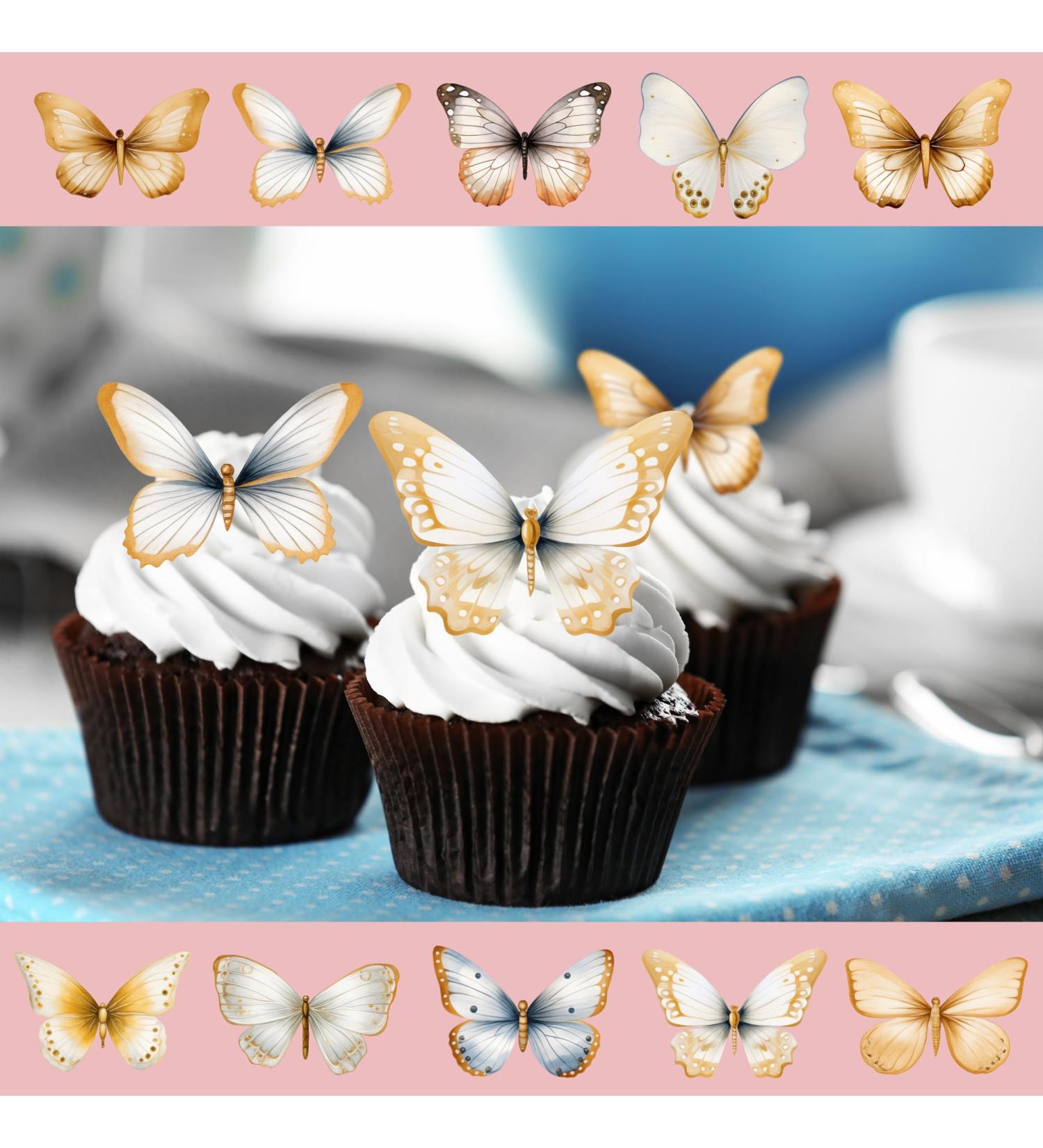 30 x Pre-Cut Beautiful Gold Golden Pastel Butterflies Edible Wafer Rice Paper Cupcake Cake Dessert Toppers - Buy Online on GoSupps.com