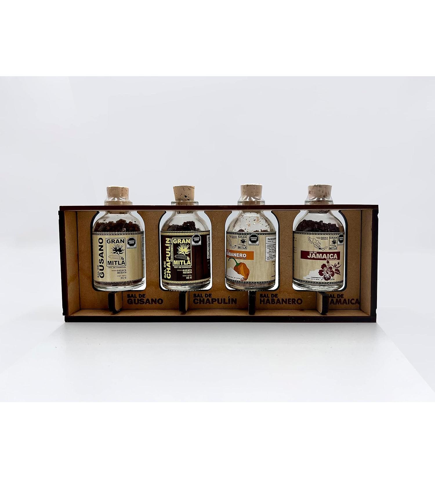 Gran Mitla Mexican Salt Kit - 4 Pack of 0.88 oz Mini Jars with Sal de Gusano  Sal Chapulin  Sal Flor de Jamaica  Sal Chile Habanero - Mezcal Agave Worm and Grasshopper Salt - Buy Online on GoSupps.com