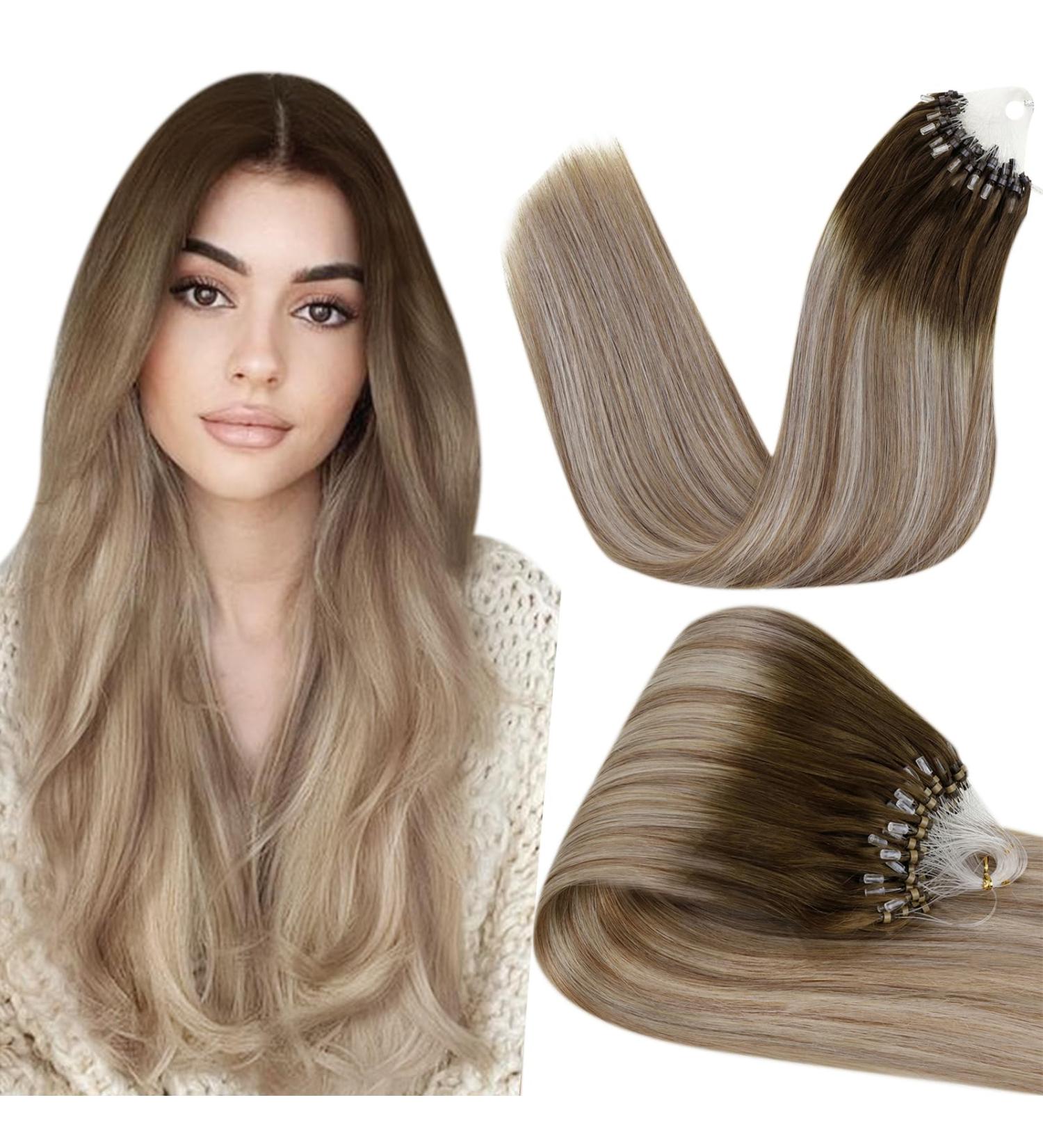 Hetto Real Hair Microring Extensions - Brown Balayage Remy Hair 50g 45cm #3/8/22 - Premium Quality for Seamless Volume - Buy Online on GoSupps.com