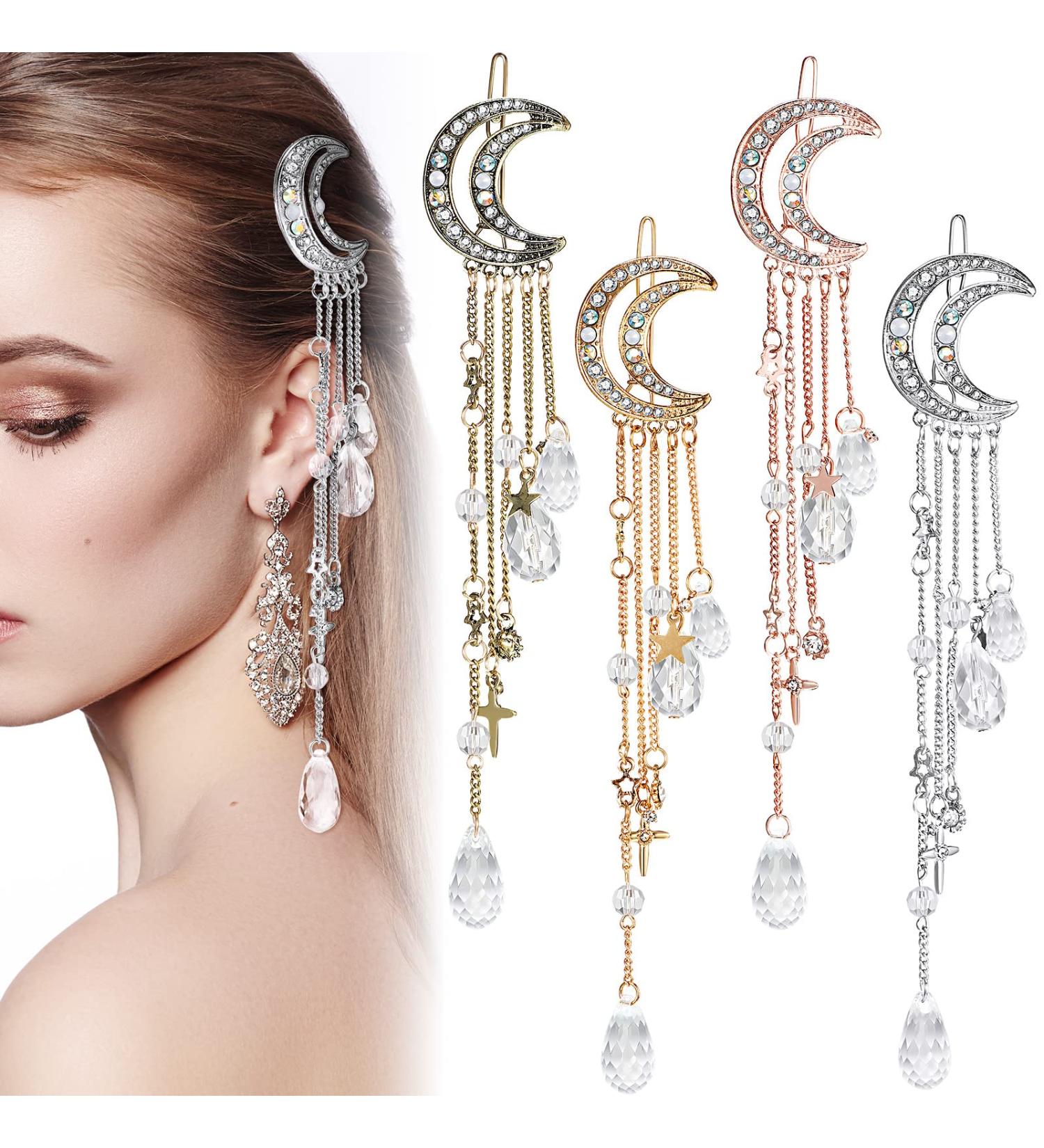 Rhinestone Moon Star Hair Clips - Set of 4 | Crystal Beads Tassel Pins | Bridal Charm Hair Accessories for Women and Girls - Buy Online on GoSupps.com
