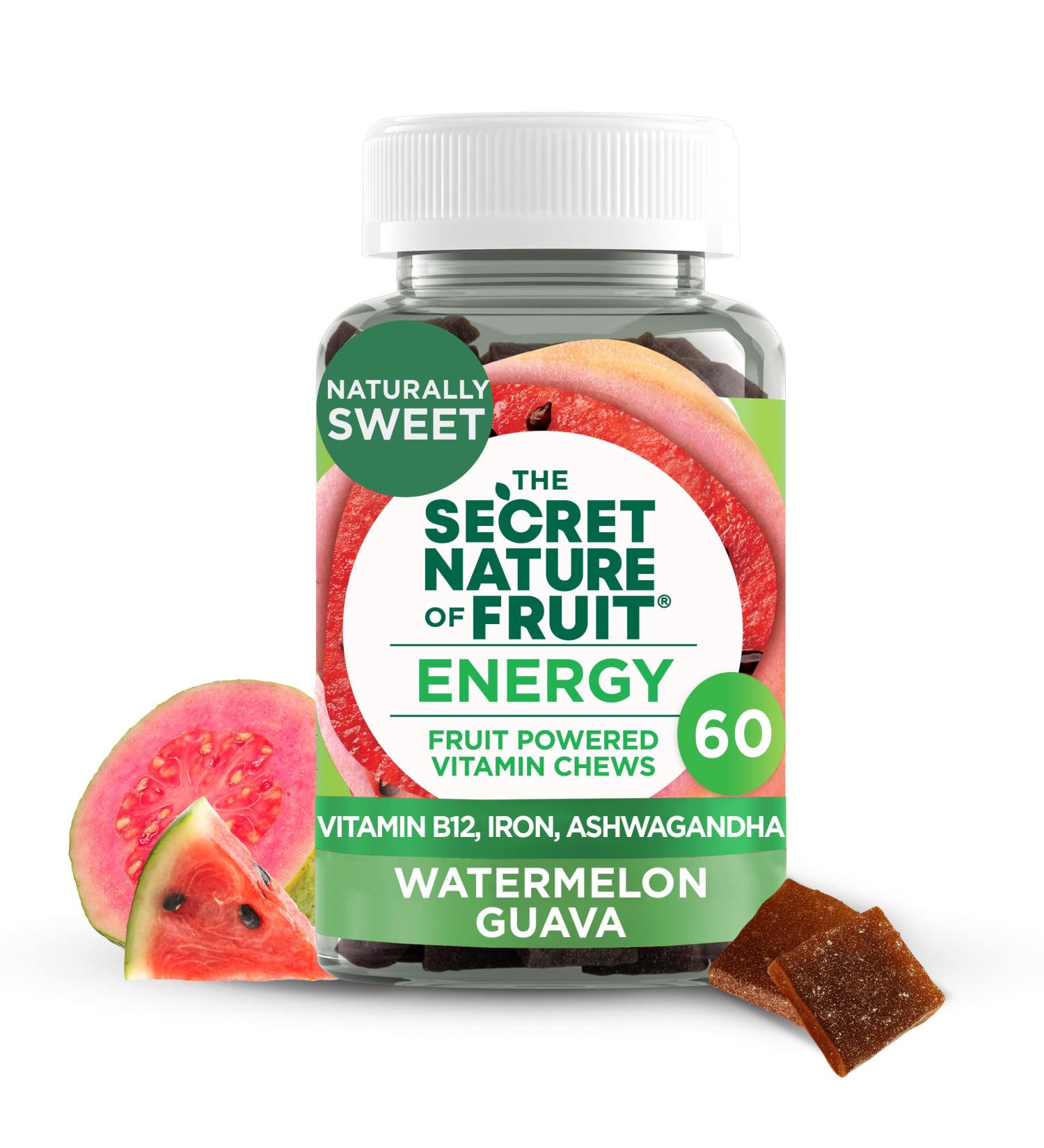 Buy Secret Nature Fruit Energy Chews - Real Fruit Vitamin B12 & Iron with Ashwagandha - Long Lasting Energy - 60 Count (Pink) - International Shipping Available - Buy Online on GoSupps.com