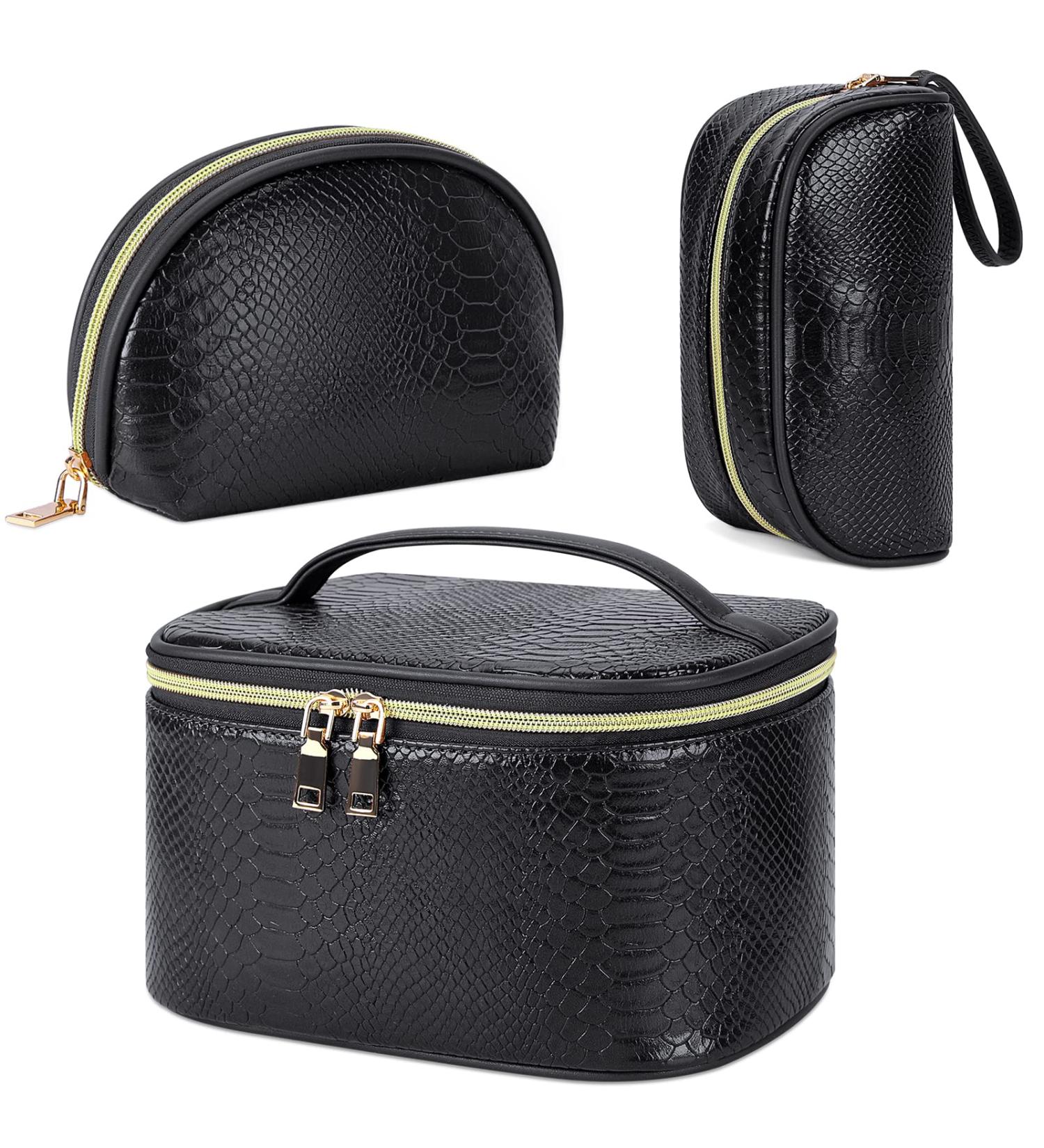3Pcs Women's Waterproof Leather Makeup Bag Set - Portable Travel Cosmetic Organizer in Black - Buy Online on GoSupps.com