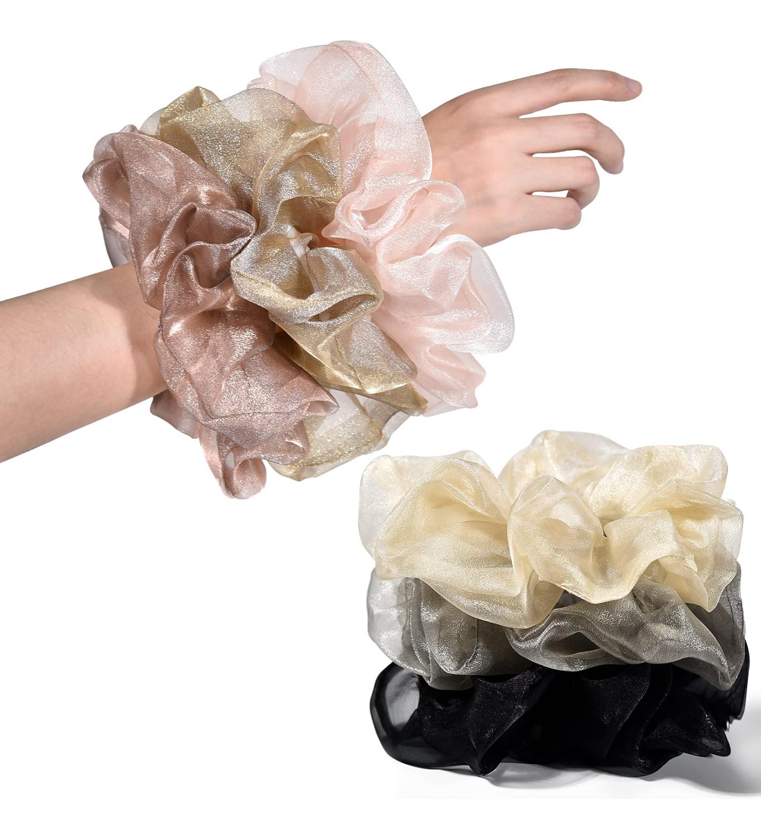 CEELGON XL Big Organza Scrunchies 6 Pack - Oversized Satin Hair Ties for Thick Hair - Super Stretchy Jumbo Bling Hair Scrunchies in Black Pink Champagne Gold Purple Grey - Buy Online on GoSupps.com