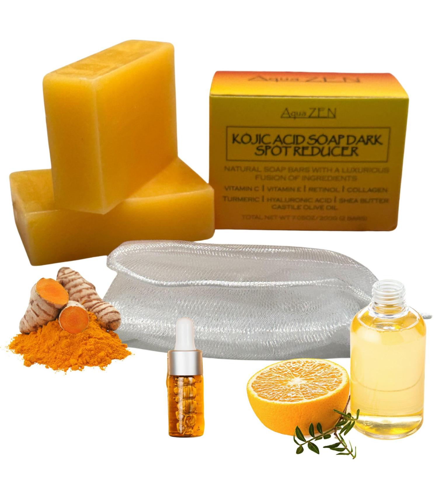 Kojic Acid Soap for Dark Spot Removal with Turmeric & Vitamin C - Premium 2 Bars (3.5oz) + Soap Net - Infused with Retinol Collagen Hyaluronic Acid & Shea Butter - Buy Online on GoSupps.com