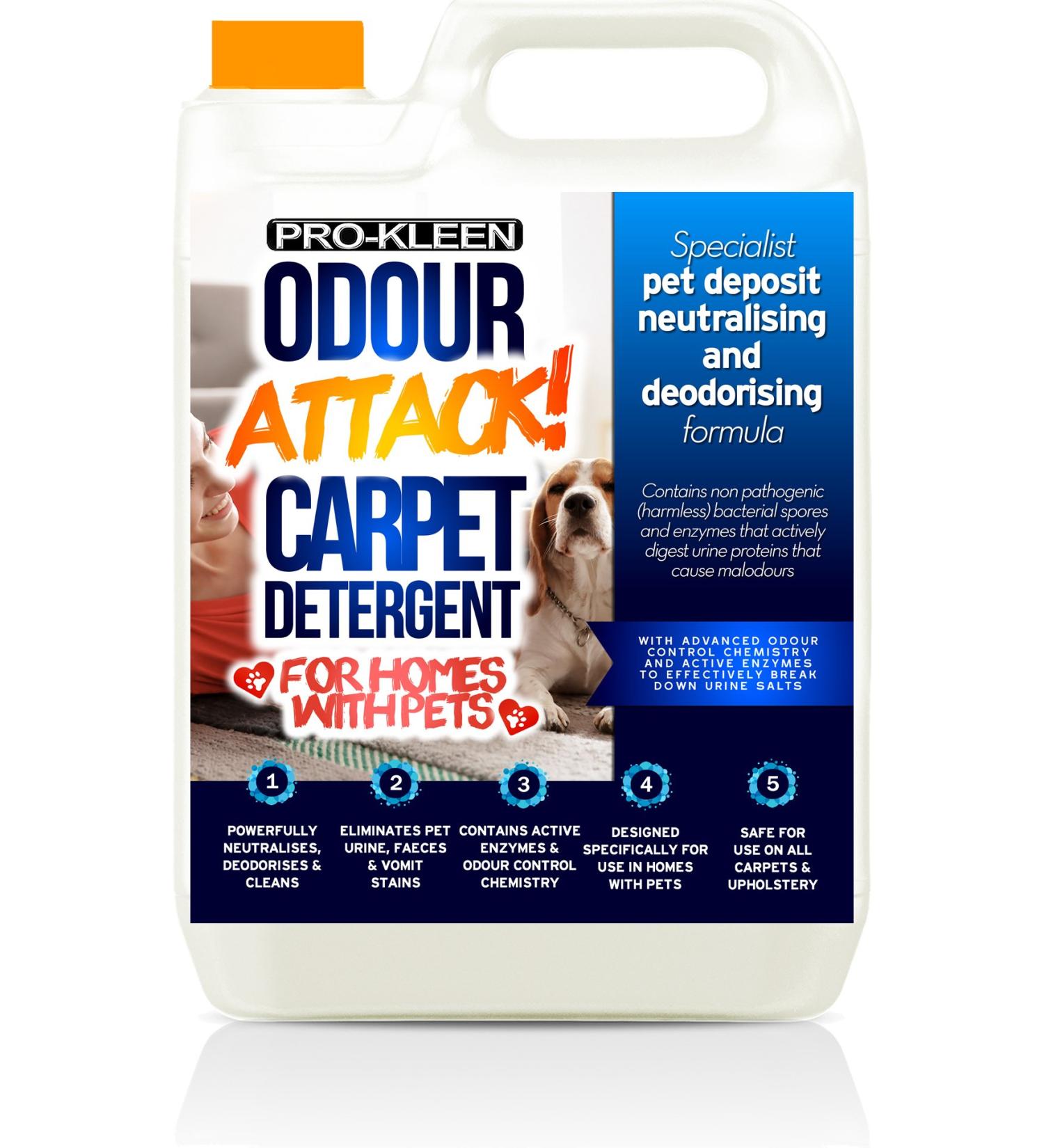 Pro-Kleen Odour Attack! Pet Carpet Cleaner Enzyme Shampoo 5L Citrus - Urine Cleaner with Active Enzymes to Eliminate Urine Faeces & Vomit Stains From Dogs Cats Humans All Carpet Types - Buy Online on GoSupps.com