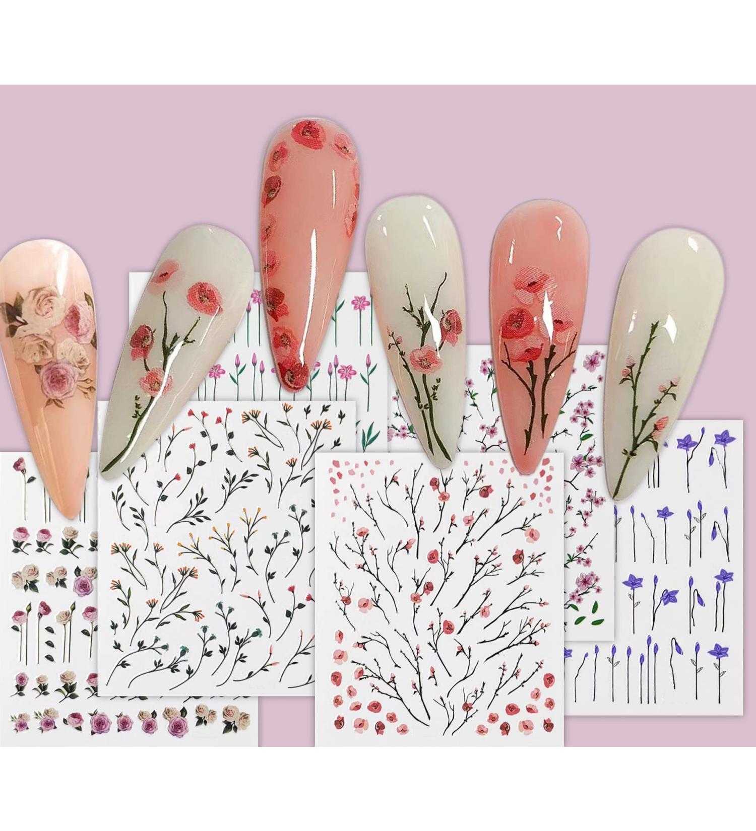 CHANGAR 6 Sheets Flowers Nail Art Stickers Self-Adhesive Colorful Spring Blossoms Floral Nail Decal Flower Leaves Sticker Charm Nail Design for Women Girls Nails Art DIY Decoration - Buy Online on GoSupps.com