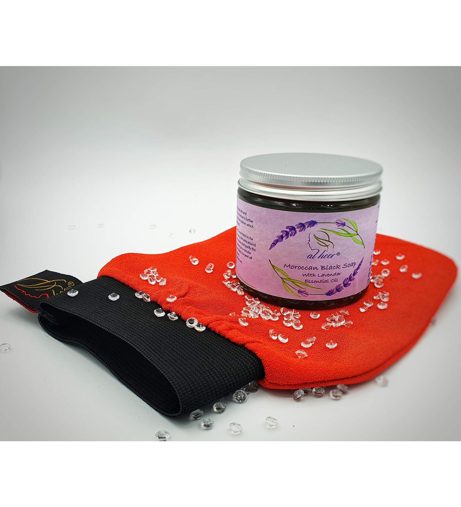 AL HOOR Moroccan Black Olive Soap Infused In Eucalyptus Oil + Kessa Glove - Deep Acne Cleansing & Dead Skin Cells Remover (Lavender) - Buy Online on GoSupps.com