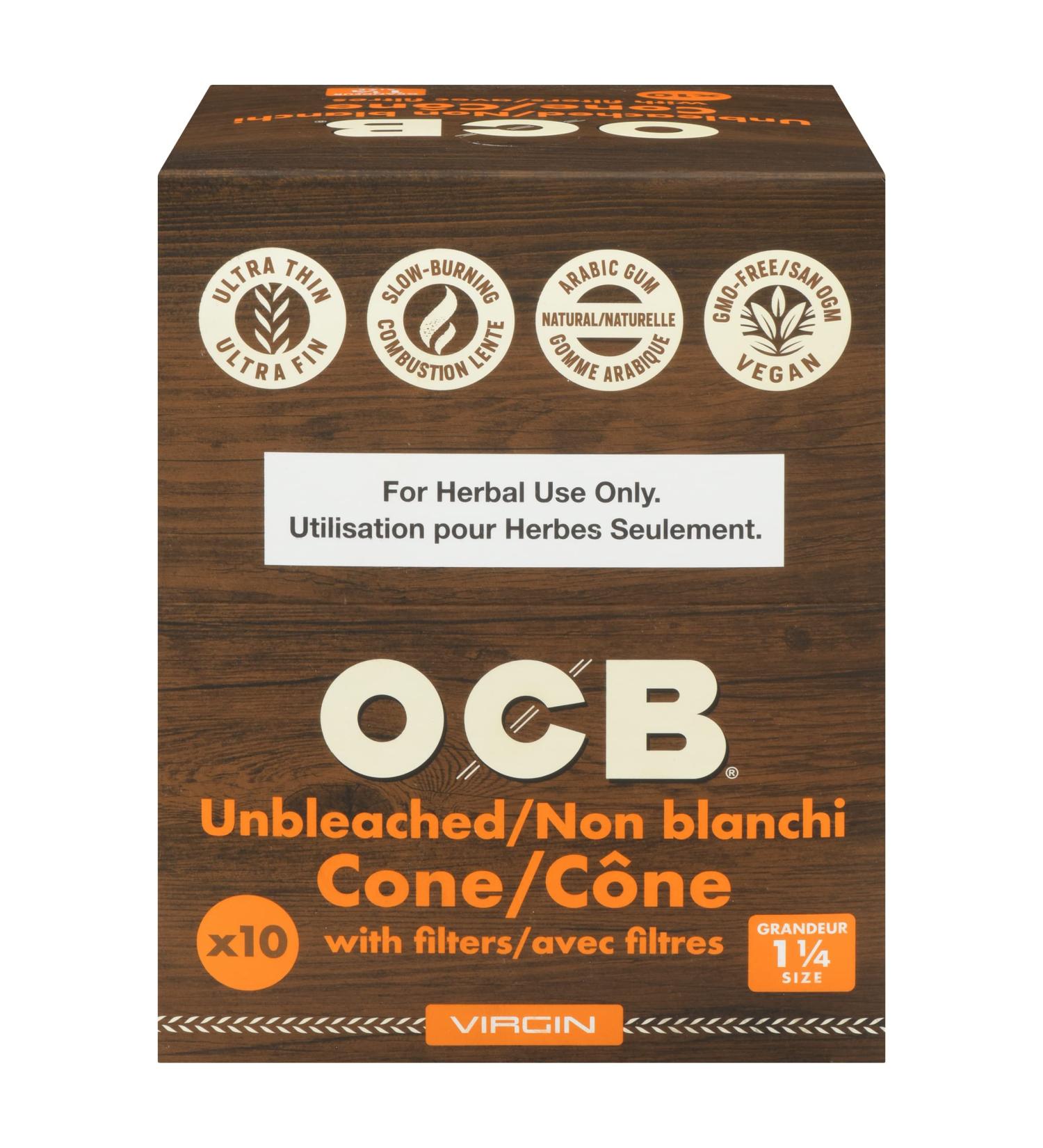OCB Virgin Unbleached Pre-Rolled Rolling Paper Cones 1-1/4 Size (84mm) - 12 10-Packs - 120 Cones - Buy Online on GoSupps.com