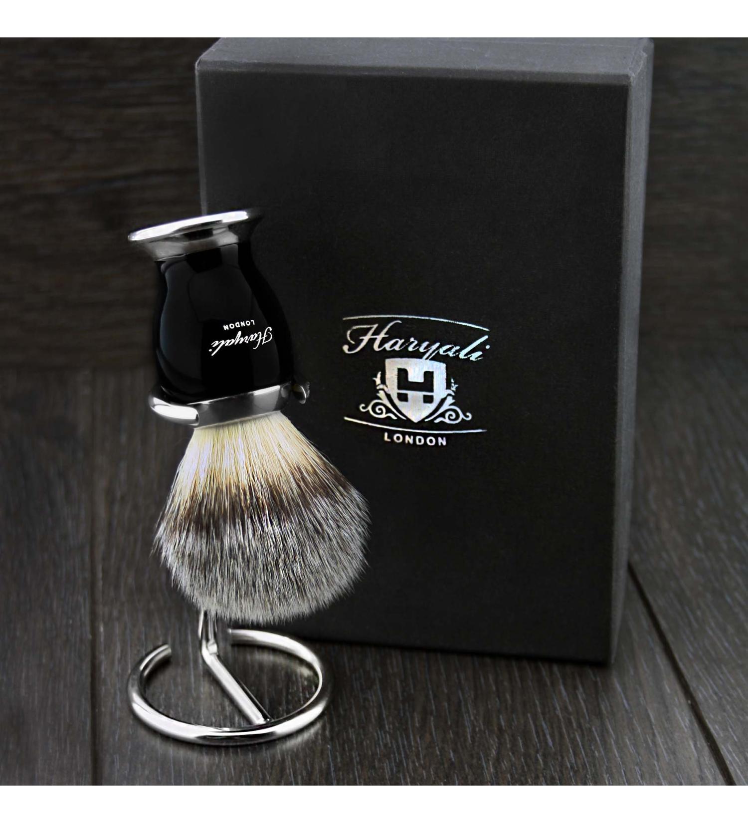 Men's shaving brush badger hair silver tip black metal base and stainless steel brush stand