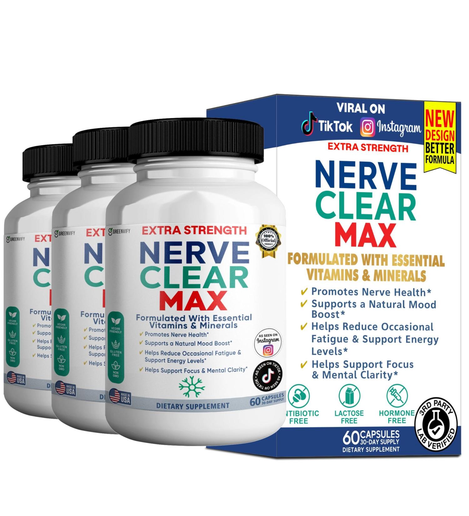 GREENVIFY Nerve Clear Max Extra Strength Essential Vitamins & Minerals Nerve Health Support 60 Capsules 30-Day Supply (3) - Buy Online on GoSupps.com