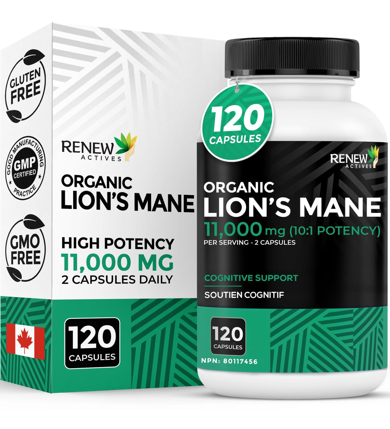 Renew Actives Premium Organic Lion's Mane Mushroom 1100MG per 2 Capsules - Supports Brain Function Memory Focus Stress Relief & Immune Health Non-GMO Vegan - Made in Canada - 120 Capsules - Buy Online on GoSupps.com